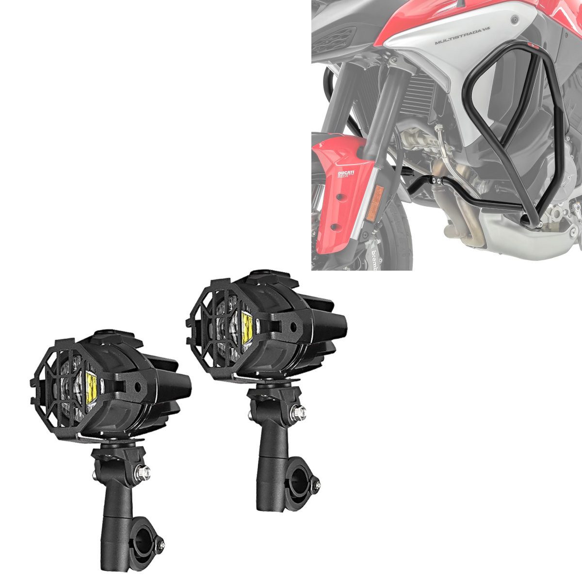 Lumitecs Halter Set: LED Zusatzscheinwerfer S22X + Sturzbügel passend für Ducati Multi