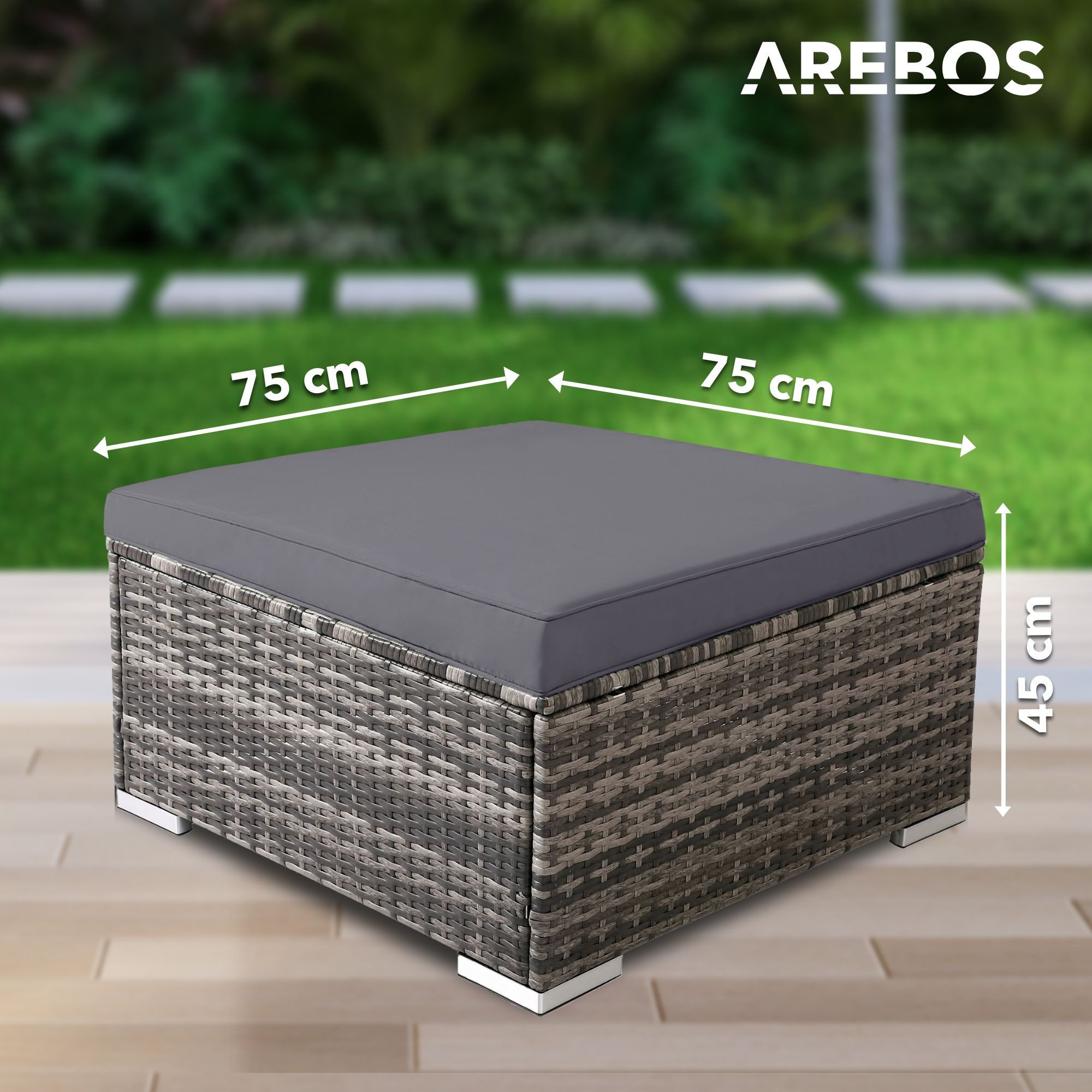 Arebos Hocker Sitz, Ablage In- & Outdoor geeignet inkl. Sitzkissen Polyrattan, Leichtes, witterungsbeständiges, rostfreies Aluminiumgestell