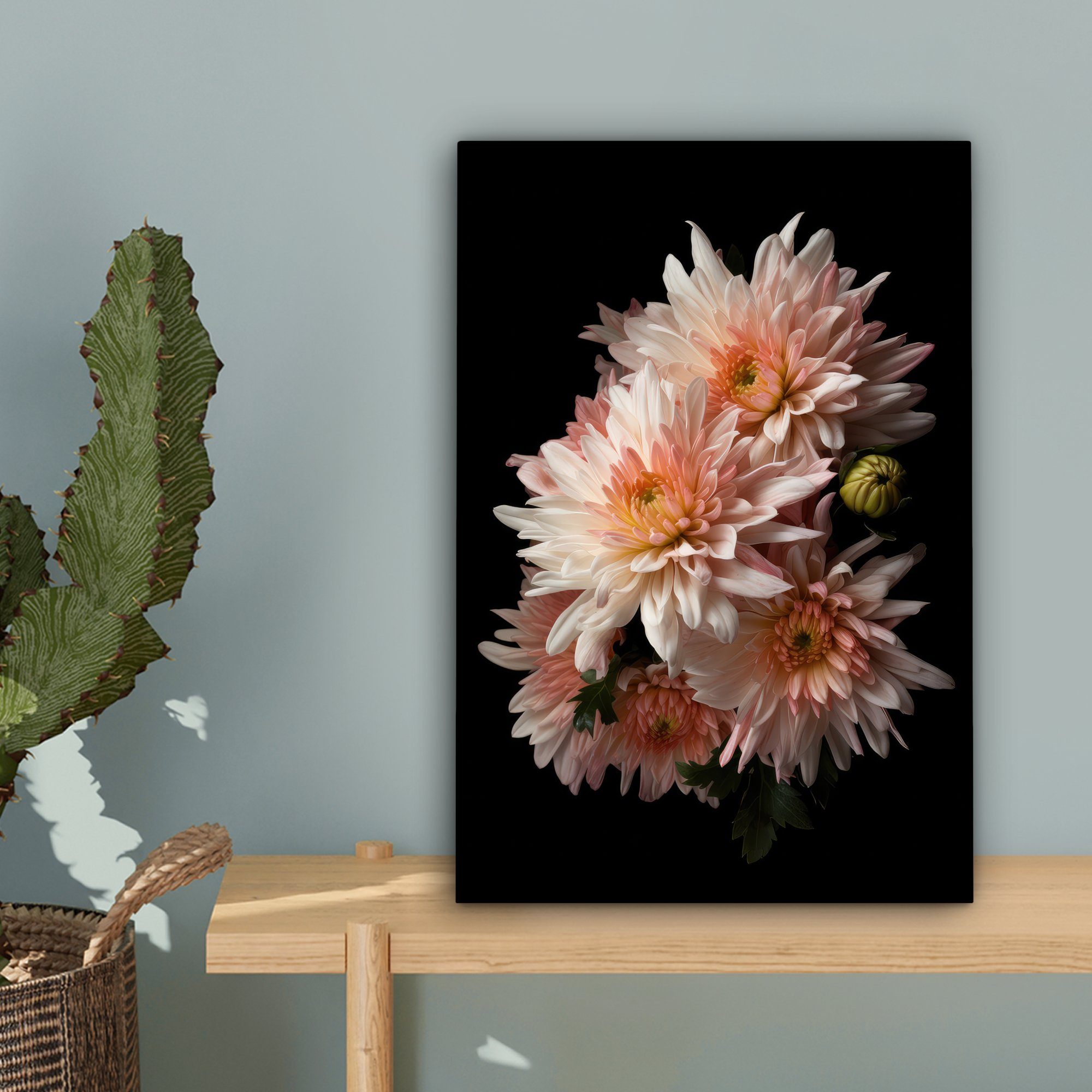 bespannt Chrysantheme Blumen (1 inkl. St), - - cm Schwarz, Leinwandbild fertig - Weiß Zackenaufhänger, 20x30 OneMillionCanvasses® Gemälde, - Natur Leinwandbild