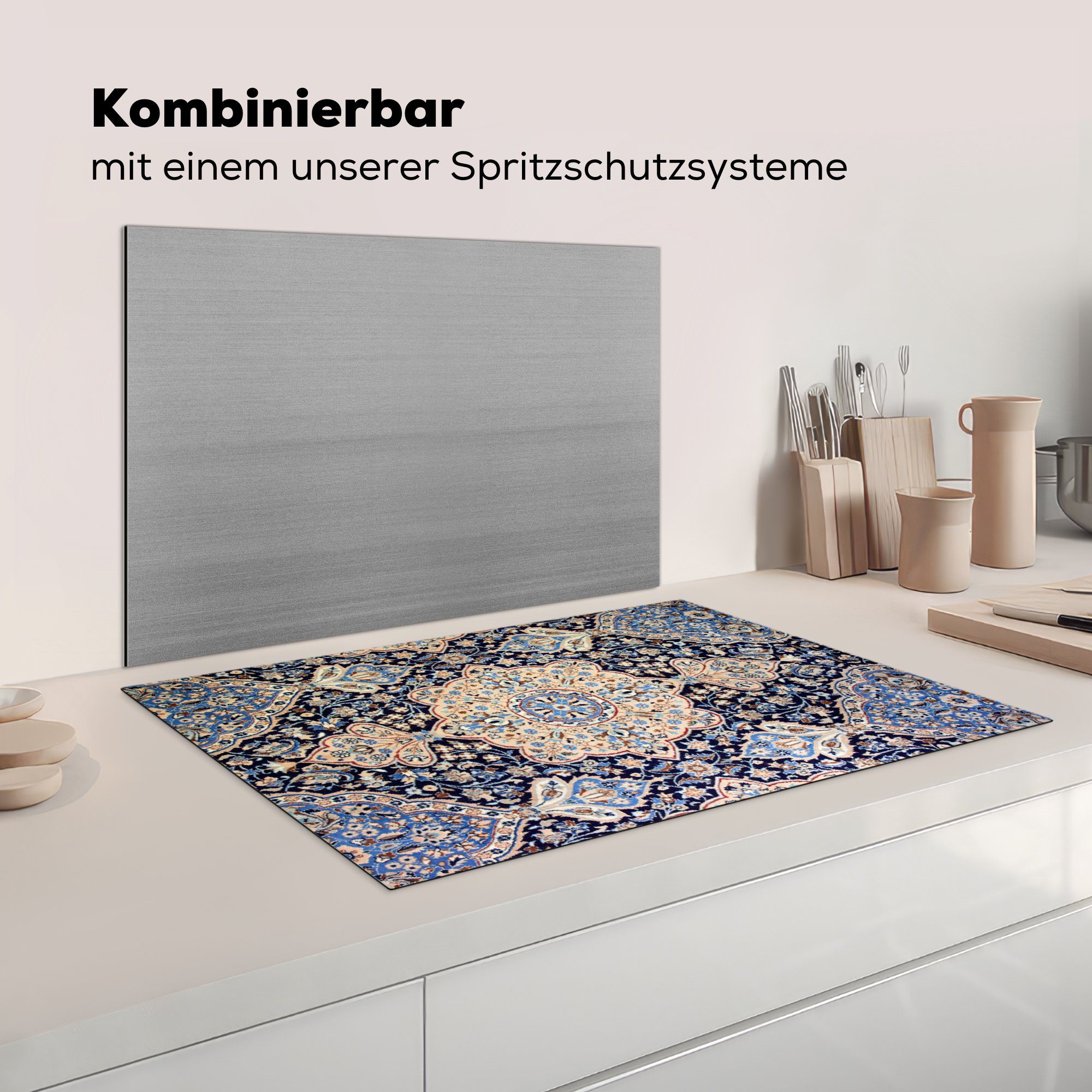 Schutz küche, - Vinyl, 81x52 cm, MuchoWow für Teppich Herdblende-/Abdeckplatte Blau, Persischer die Ceranfeldabdeckung - tlg), (1 Induktionskochfeld - Teppich Mandala