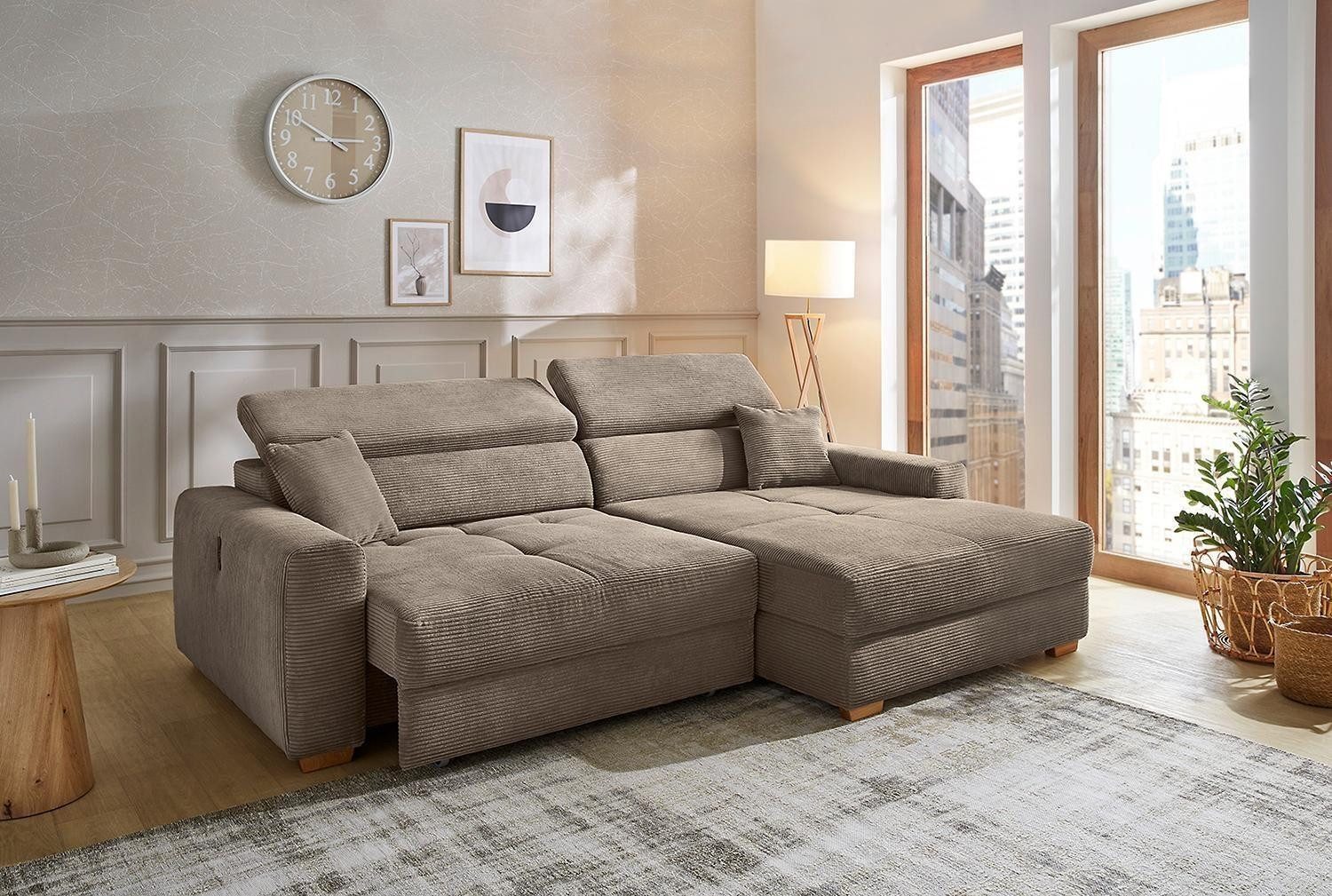 Jockenhöfer Gruppe Ecksofa SLIDER, Taupe, Cordbezug, Kopfteilverstellung, elektrische Sitztiefenverstellung, USB-Anschluss, B 277 x T 187 cm