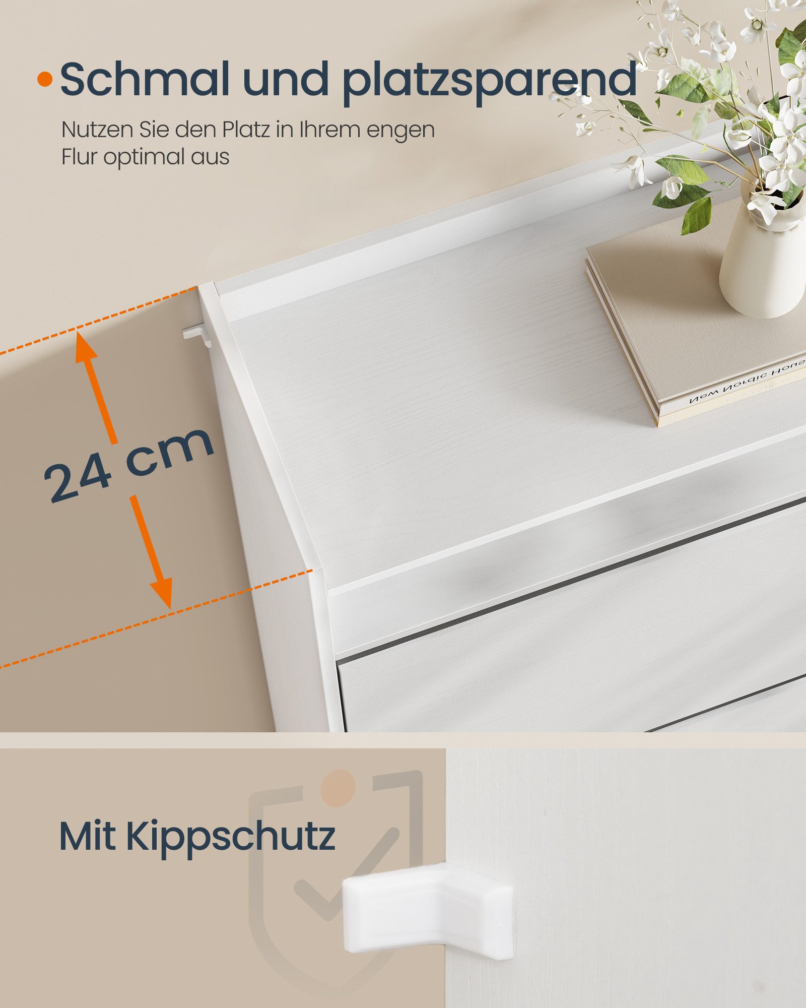 SONGMICS HOME Schuhschrank 2 Klappen, Schuhkipper schmal, Schuhaufbewahrung, 24x60x102,8 cm, weiß superschnelle werkzeuglose Montage, Trennwand verstellbar, mod – Bild 5 von 5
