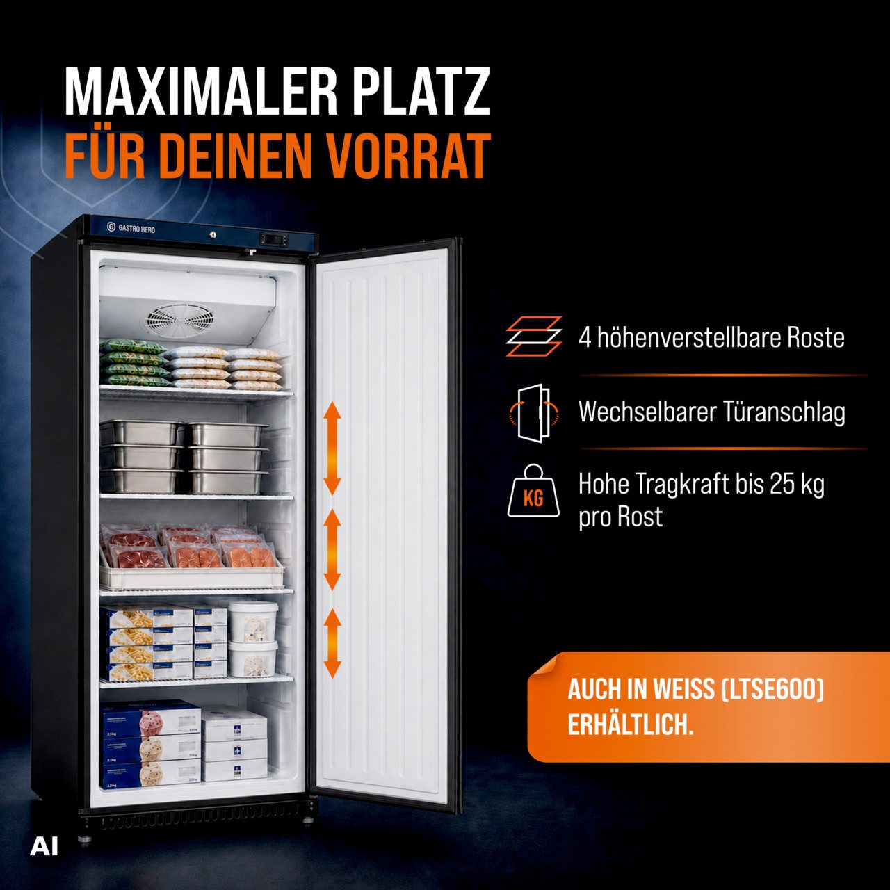 GastroHero Gefrierschrank Lagertiefkühlschrank ECO 600 Schwarz 562 Liter Umluftkühlung LTSE600B, 190 cm hoch, 77.5 cm breit, schwarzes Gehäuse für moderne Profi – Bild 4 von 5