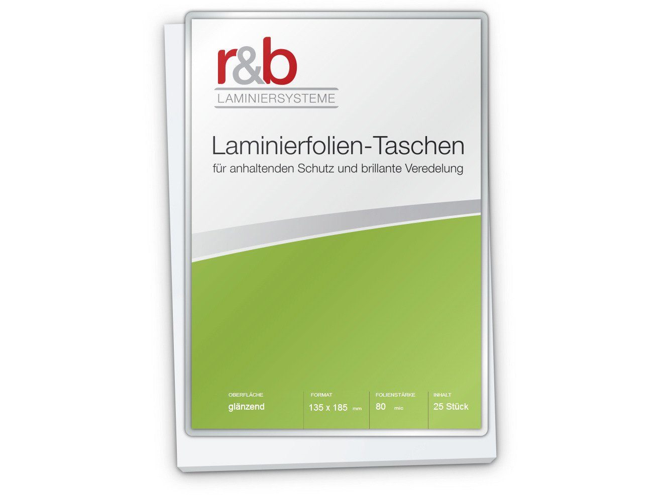 r&b Laminiersysteme Laminierfolie Laminierfolien (135 x 185 mm), 2 x 80 mic, glänzend, 80 µm, glänzend, 25 St., Glänzend, reißfest, wasserabweisend, 80 mic, transparent