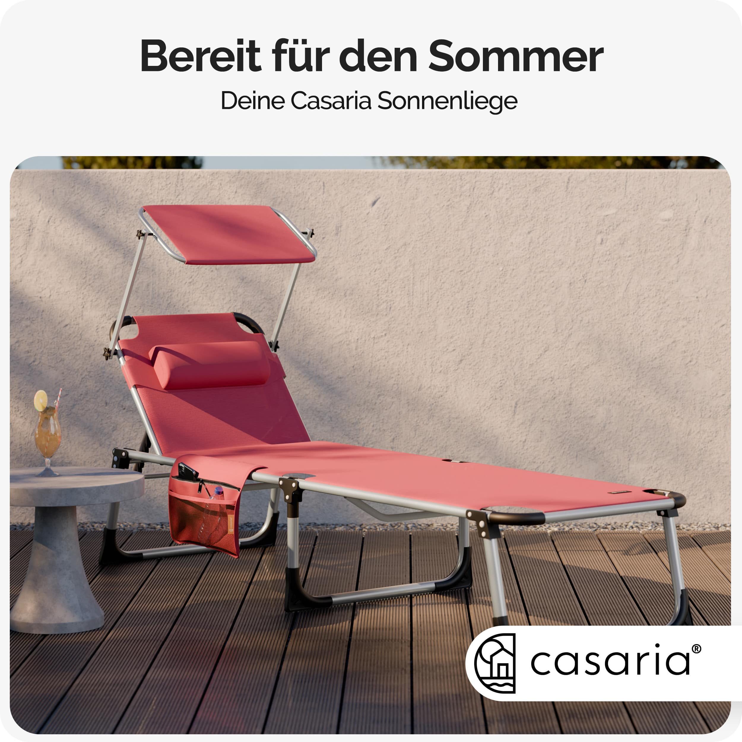 Casaria Gartenliege Malta, Alu Sonnenliege Klappbar mit Sonnendach Kissen Seitentasche Garten Rot