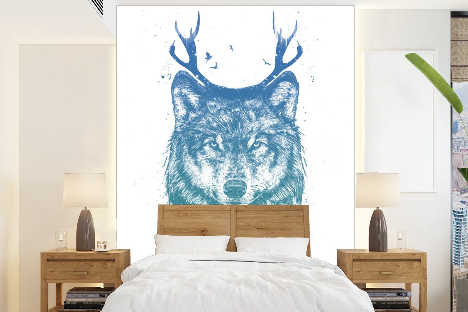 MuchoWow Fototapete Wolf - Geweih - Weiß - Tiere, Matt, bedruckt, (4 St), Montagefertig Vinyl Tapete für Wohnzimmer, Wandtapete | Fototapeten