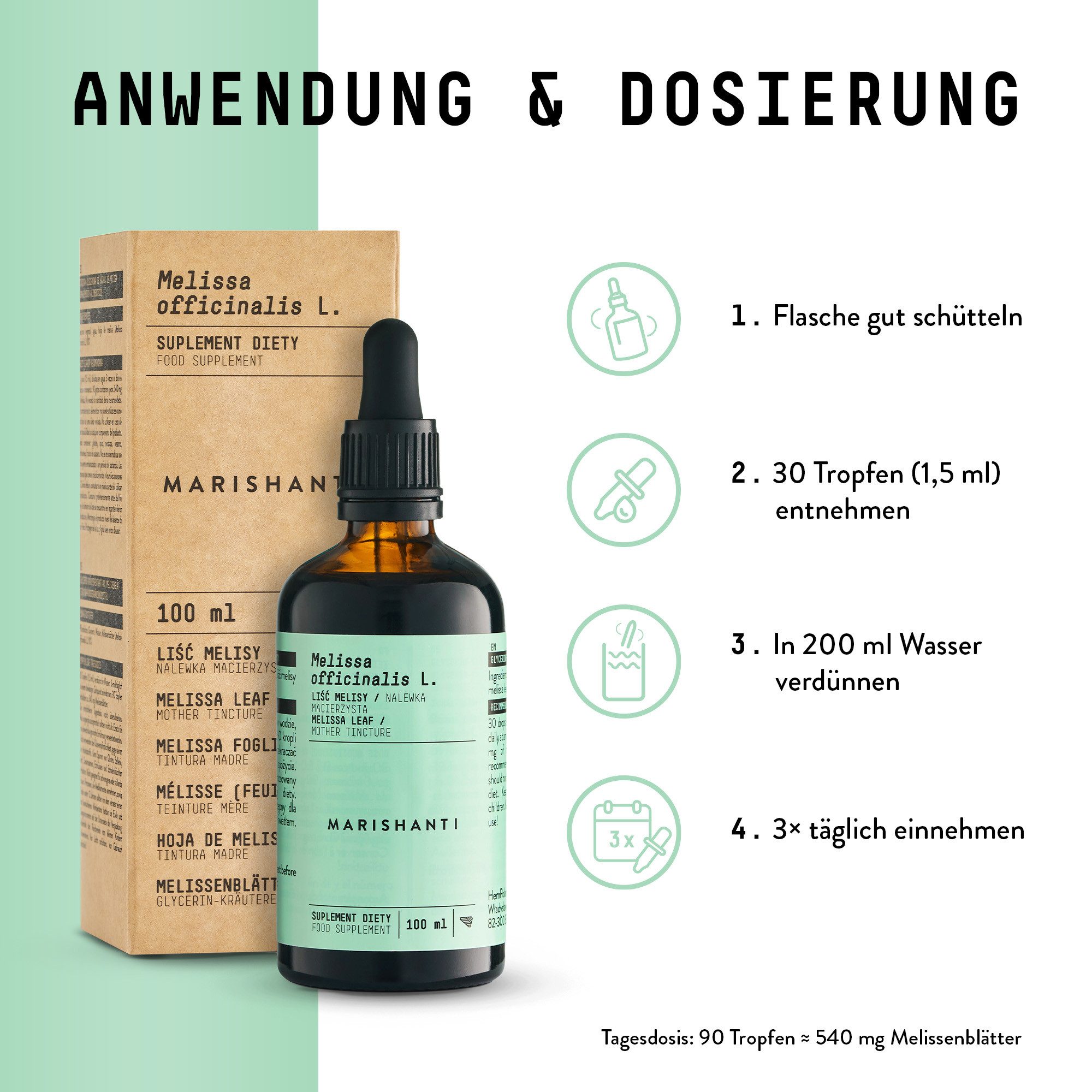 MARISHANTI Melissen Extrakt – alkoholfreie Tropfen, pflanzliche Tinktur aus den Blättern der Zitronenmelisse (Melissa officinalis) à 100 ml, – Vegan
