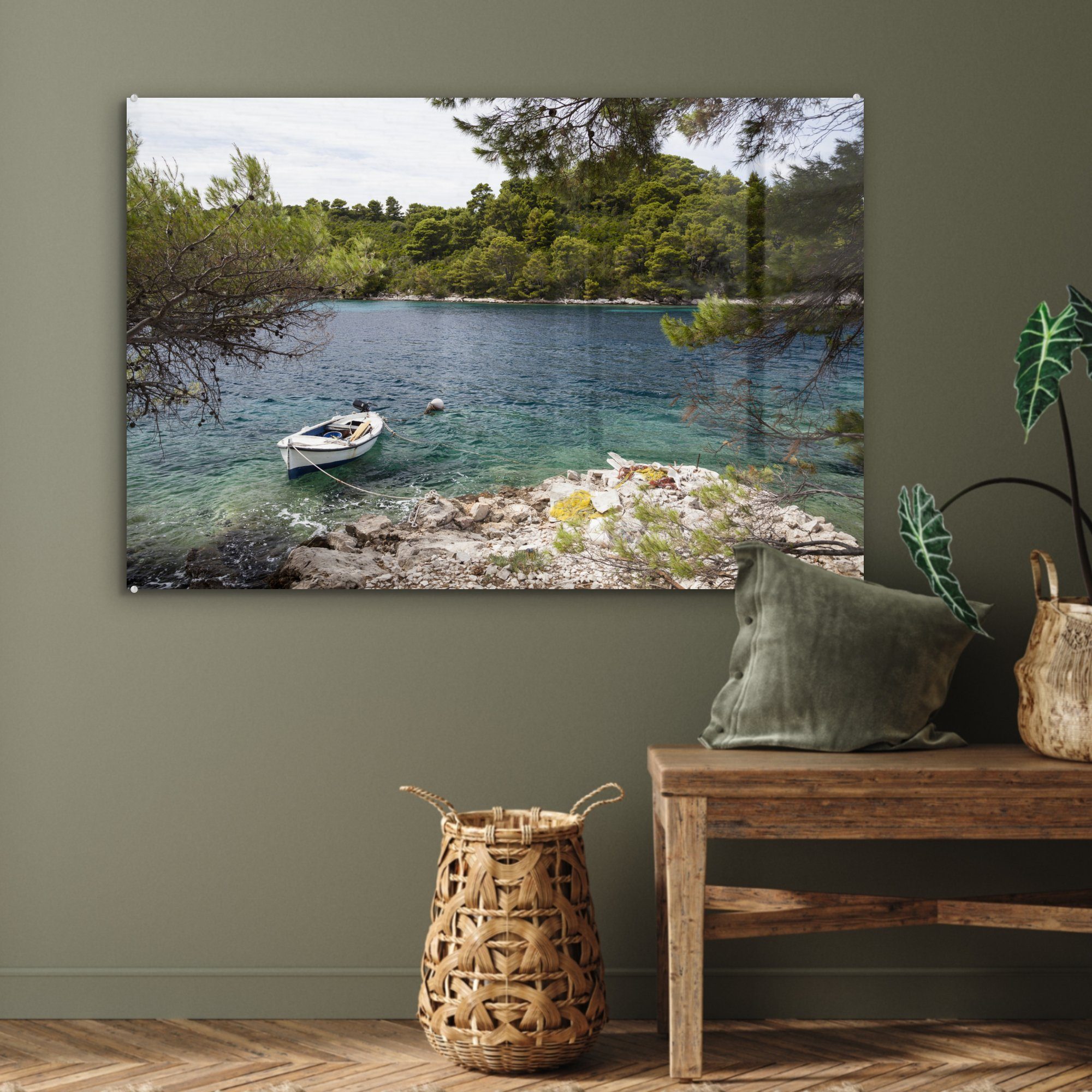 MuchoWow Acrylglasbild (1 Türkis Mljet, Wohnzimmer & schwimmt Fischerboot St), Nationalparks Acrylglasbilder im des Schlafzimmer Ein