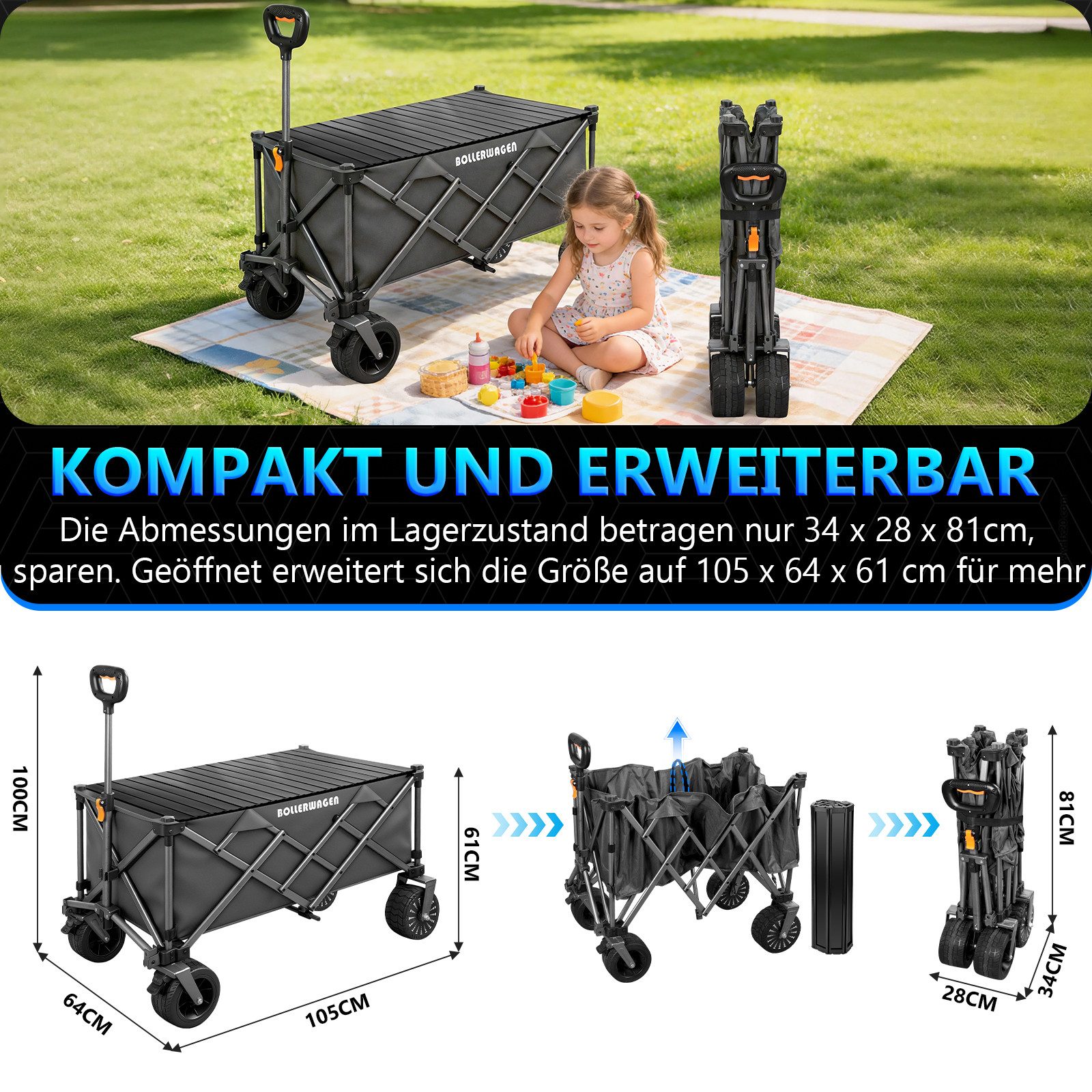 XERSEK Bollerwagen Elektrisch Handwagen mit Klapptisch Breiträder 4Ah-Akku,Transportwagen (Elektrokarre Faltbollerwagen, 105×61×64cm, Griff 60-100cm, Bürstenlos – Bild 5 von 5
