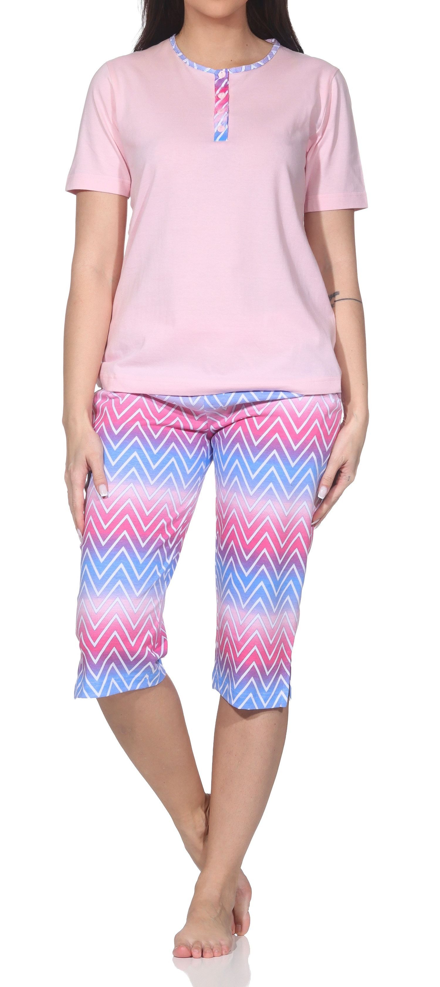 Normann Pyjama Normann Damen Capri-Pyjama Shorty kurzarm – Moderne Zick-Zack-Optik