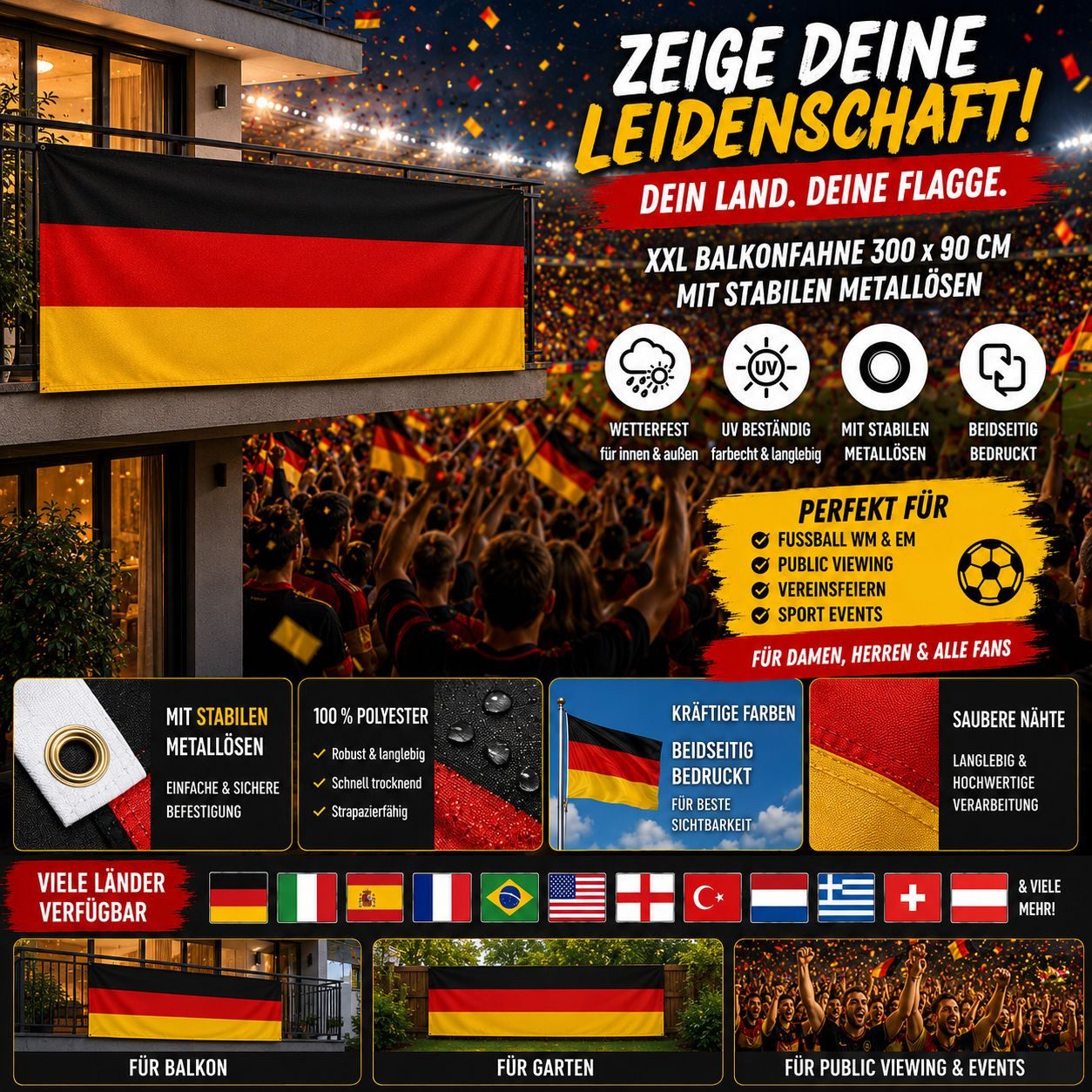 Taffstyle Fahne  Deutschland XXL Balkonfahne 300cm x 90cm Garten Flagge (Große Deutschland Flagge mit Metallösen für Balkon Garten und Events), Weltmeisterschaft 2026 Länderflagge