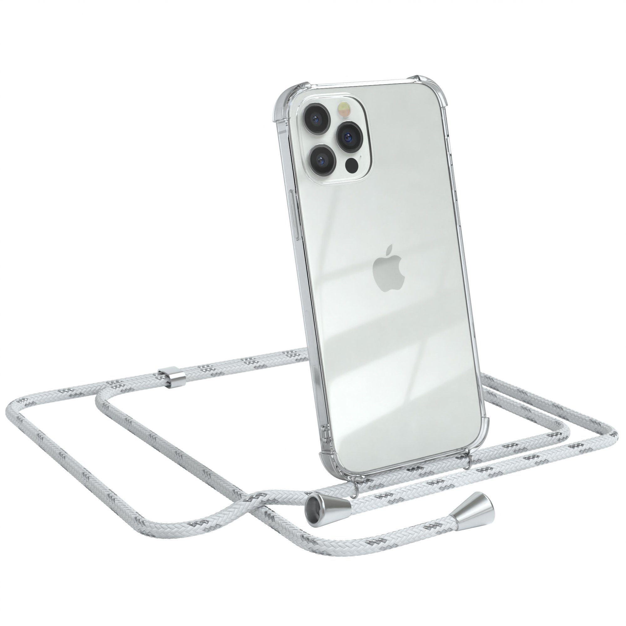 EAZY CASE Handykette Hülle mit Kette für Apple iPhone 12 / 12 Pro 6,1 Zoll, Hülle Smartphonekette für Unterwegs Festivalhülle Transparent Weiß