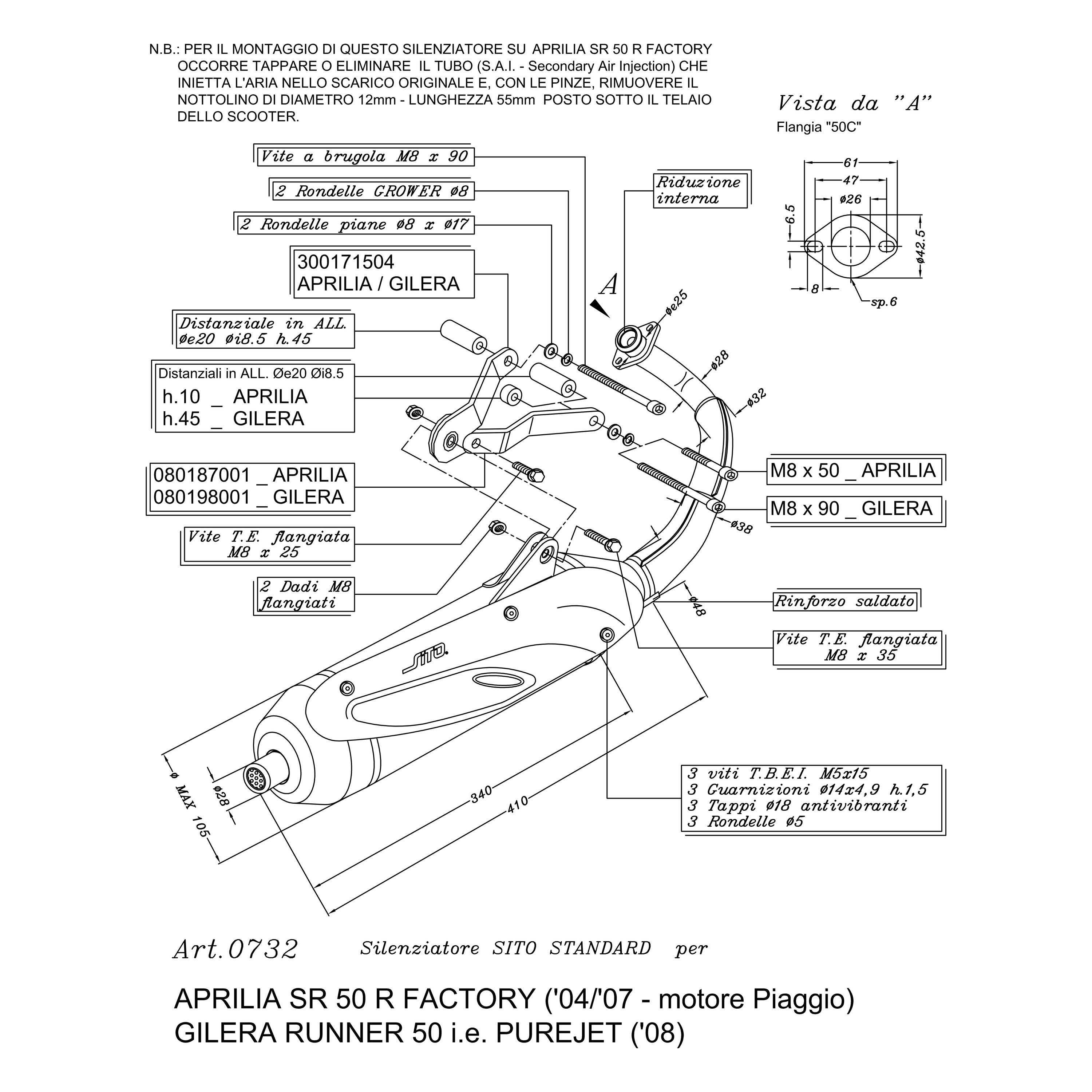 LeoVince Auspuff-Flexrohr Auspuffanlage SITO 4T Stahl schwarz mit ABE für Aprilia SR 50 R LC