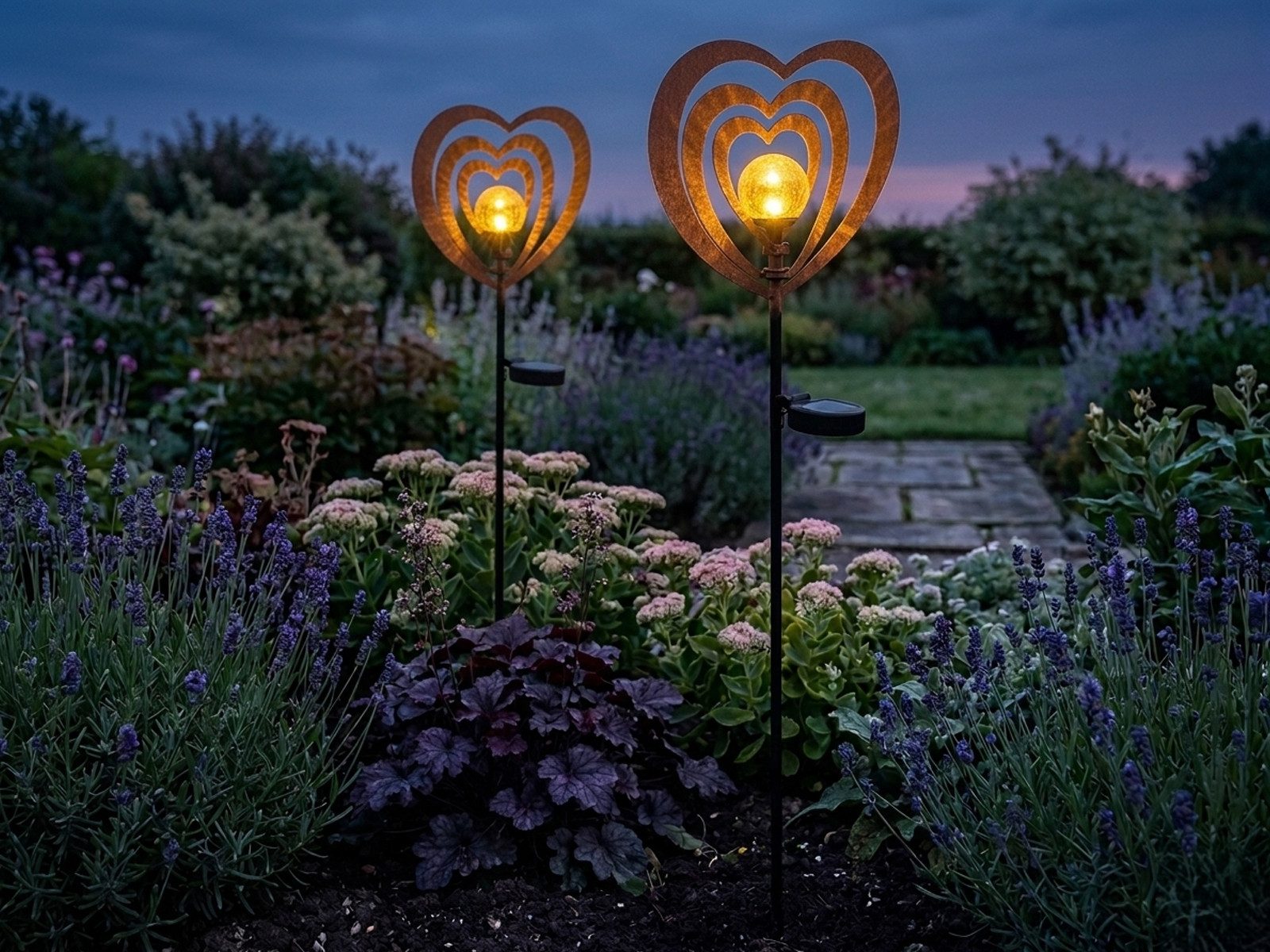GLOBO LIGHTING LED Solarleuchte 2er Set Gartenstecker Herzen, Höhe 82cm, LED fest integriert, warmweiß, Garten-leuchten mit Erdspieß ausgefallene Solarbeleuchtung Rostoptik