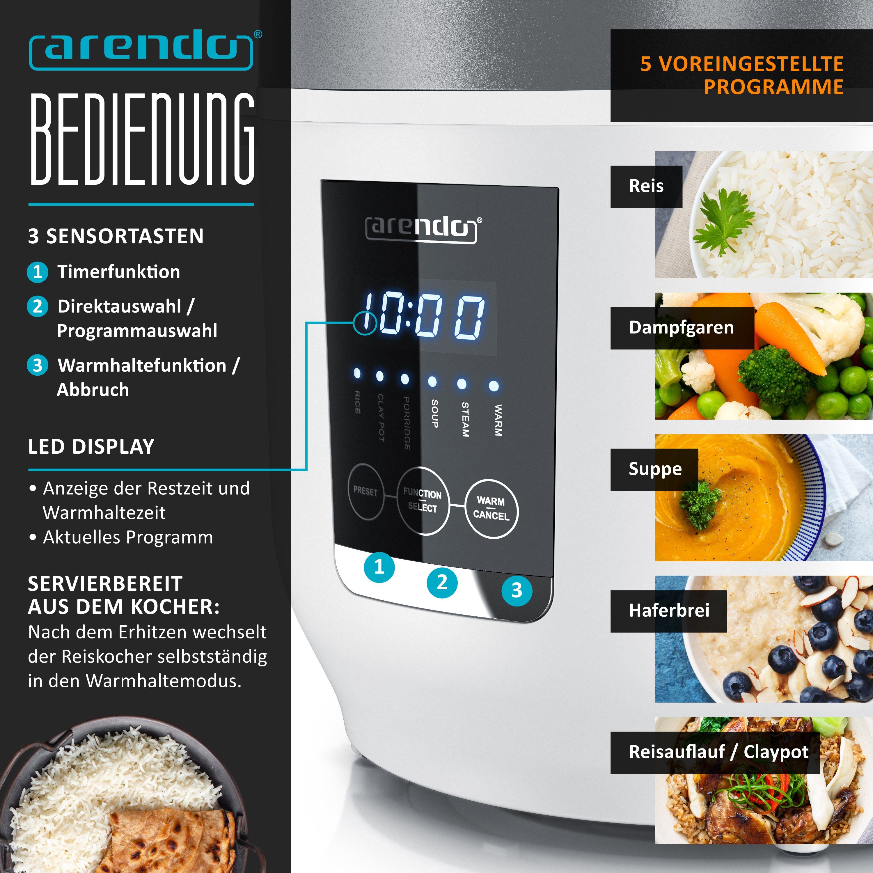 Arendo Reiskocher Digitaler Multikocher, Kochprogramme, Timer, Warmhaltefunktion Display, 350 W, antihaftbeschichteter Gartopf, Reislöffel & Messbecher, Schongarer