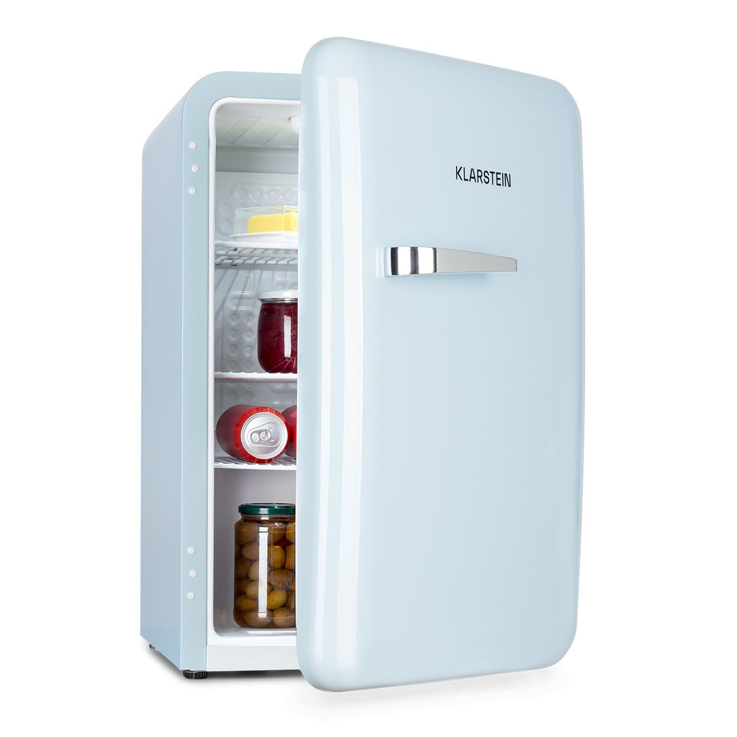 Klarstein Getränkekühlschrank Audrey Retro-Kühlschrank 70 Liter 3 Regale 2  Türfächer Innenbeleuchtung 10039693, 66 cm hoch, 43 cm breit