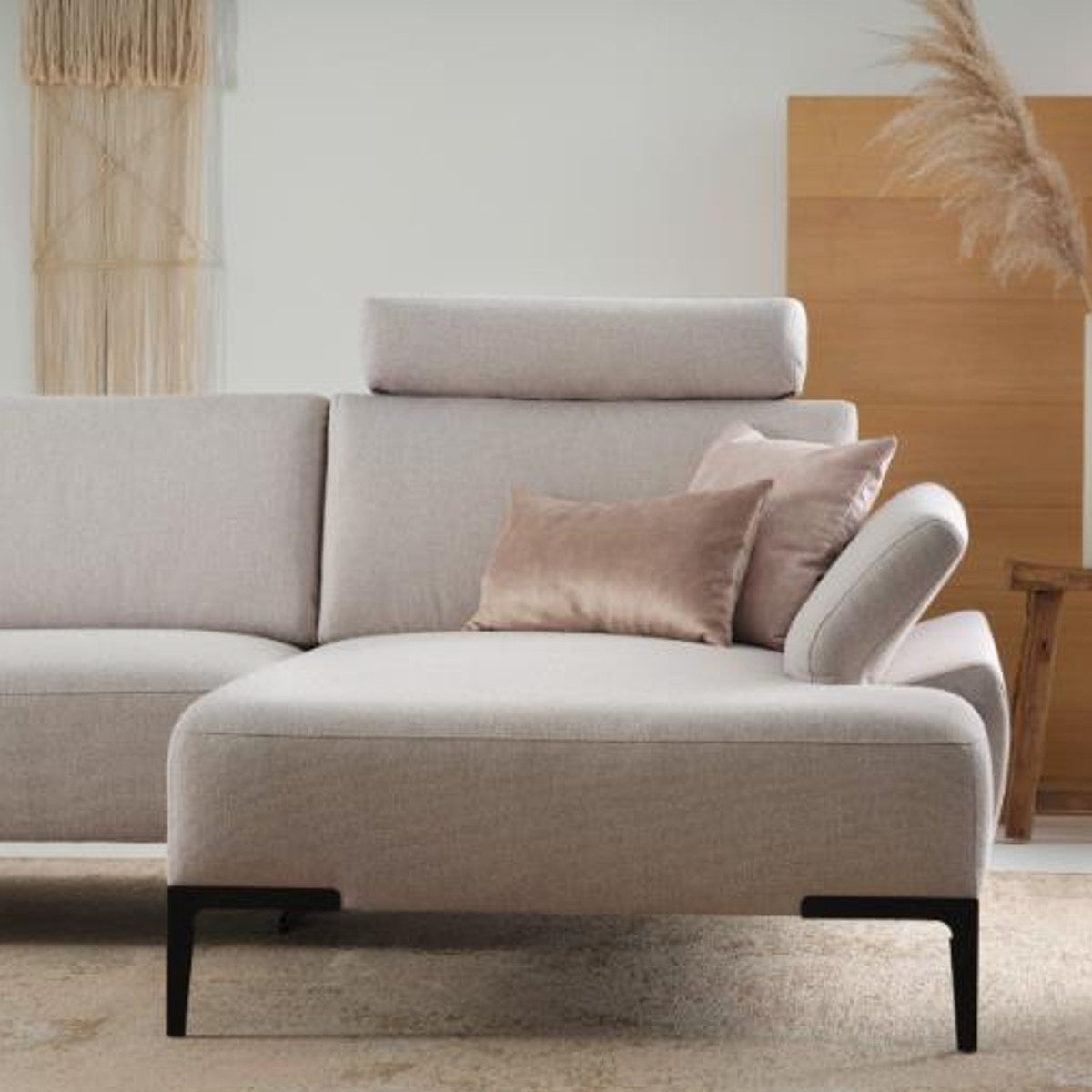 Rom Loungesofa Wave, Ecksofa, Sofa, Funktionssofa, Stoffbezug grau, mit klappbaren Armlehnen, Sitztiefenverstellung, Kopfstütze