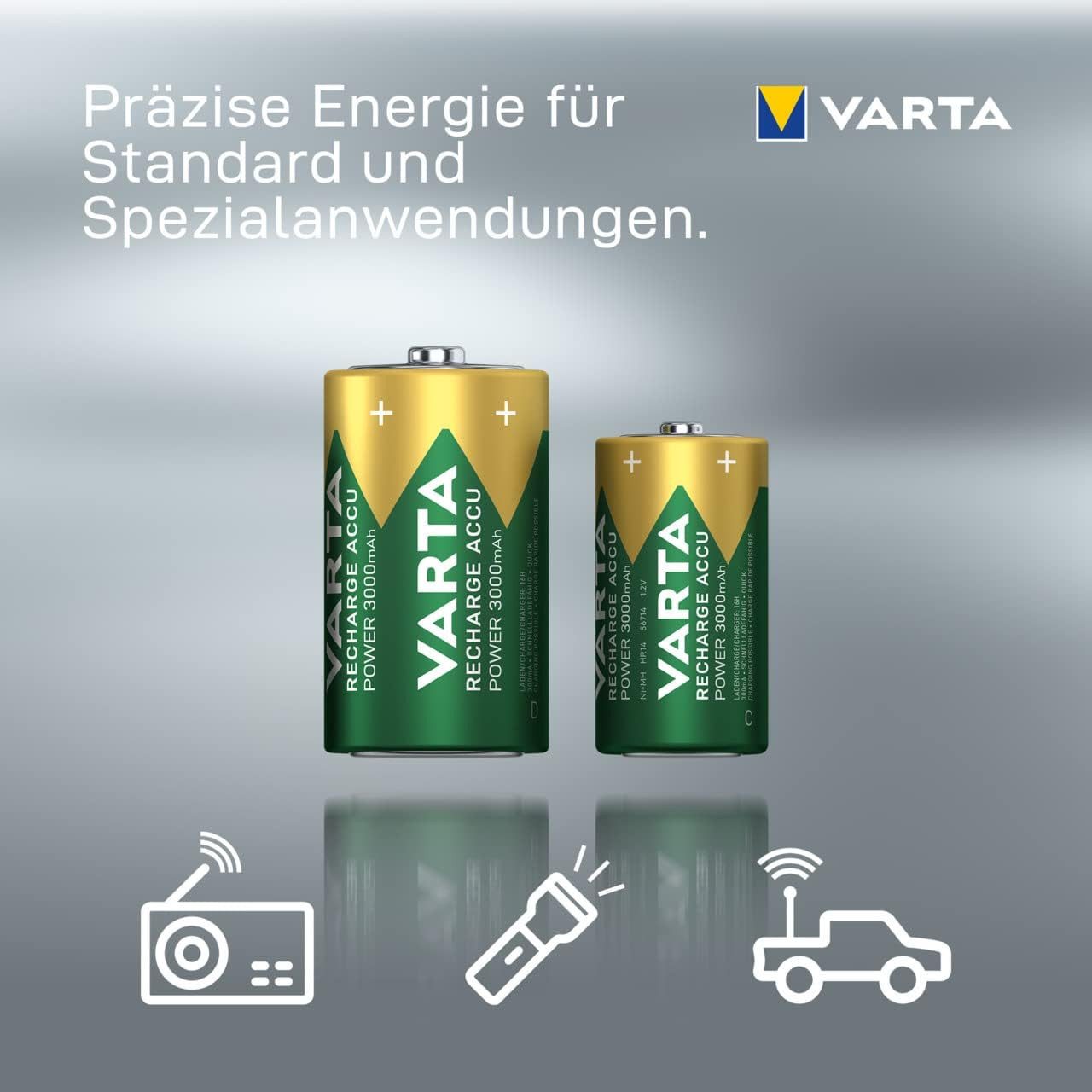 VARTA 2x Batterien D Mono, wiederaufladbar, Akku, 3000 mAh, vorgeladen Akku Mono D 3000 mAh (1,2 V, 1 St), Kein Memory-Effekt