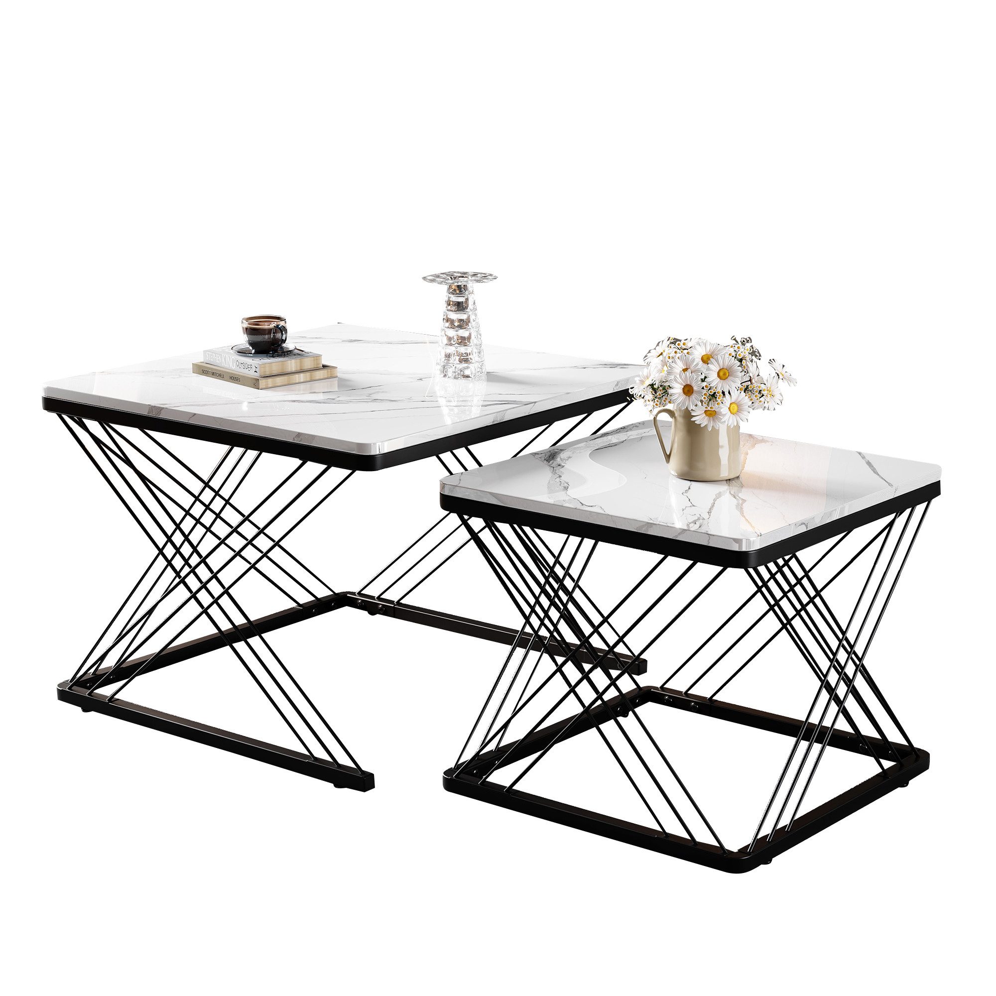 Merax Couchtisch, Set mit Stahlrahmen, Beistelltisch Hochglanz Marmoroptik, günstig online kaufen