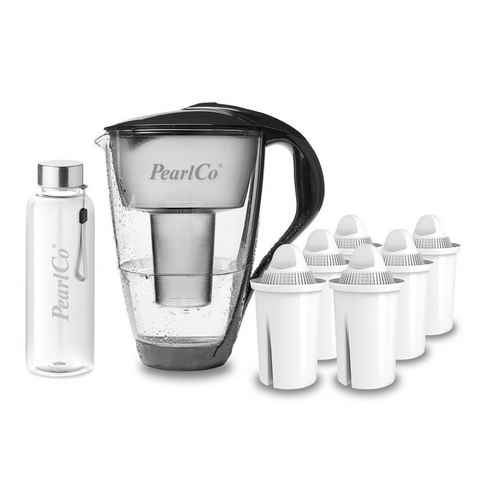 PearlCo Wasserfilter Glas Wasserfilter inkl. 6 Universal Kartusche plus Glasflasche