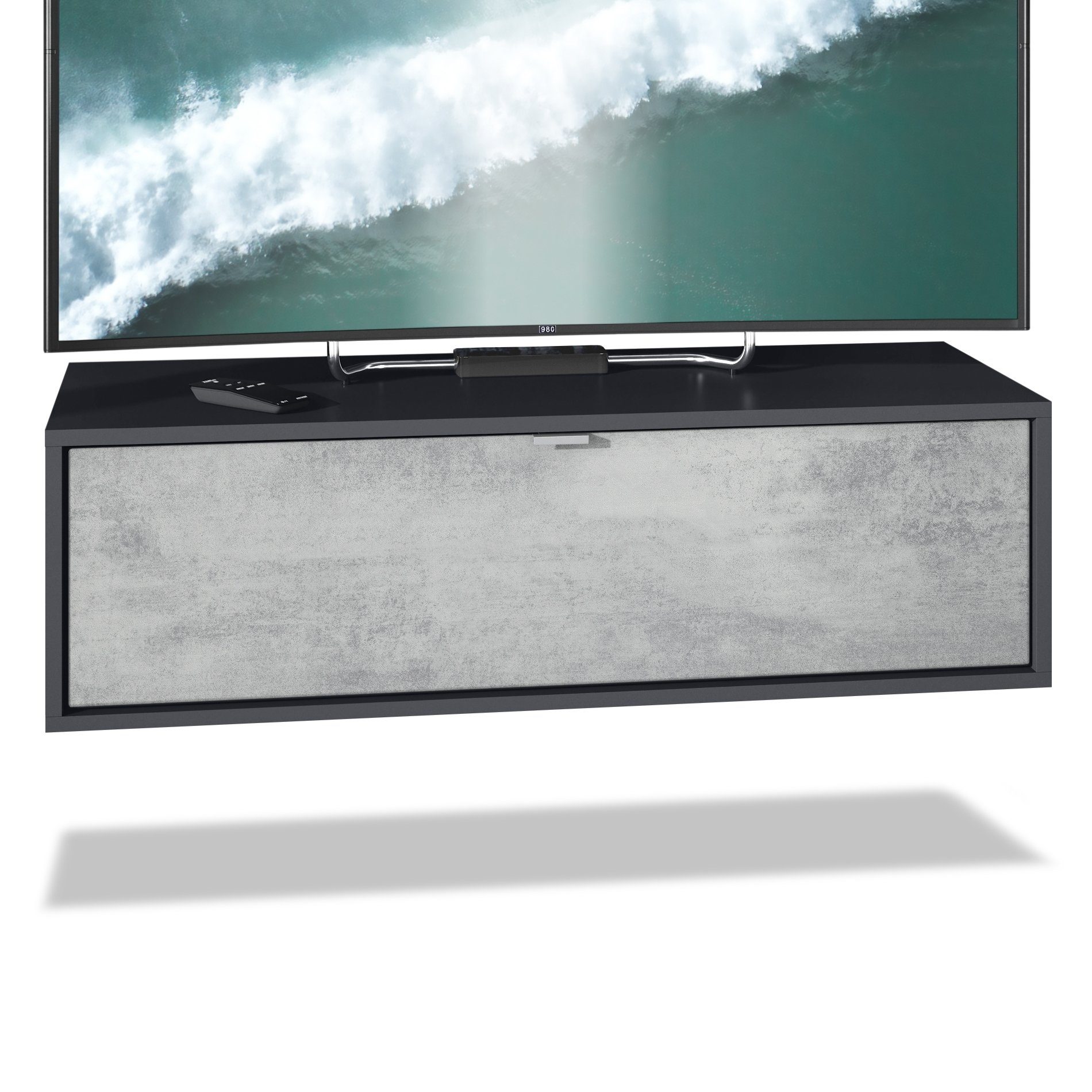 Vladon Lowboard Lana 1000 (TV-Kommode, mit Klappe), Schwarz matt/Beton Oxid Optik (100 x 29 x 37 cm)