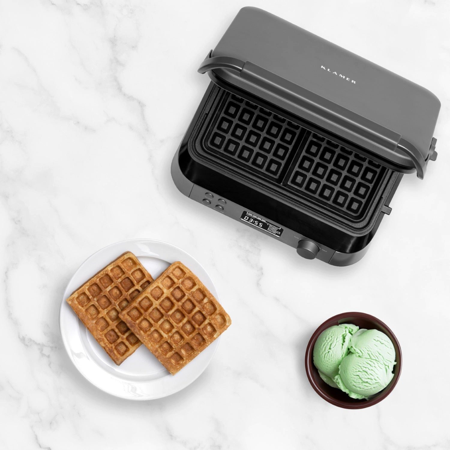 KLAMER Waffeleisen Belgische Waffel, Waffeleisen doppelt mit 7 Stufen und 5 Programmen, …, 1600 W, schnelle Waffeln, gleichmäßige Bräunung, Signalton bei Start/Ende