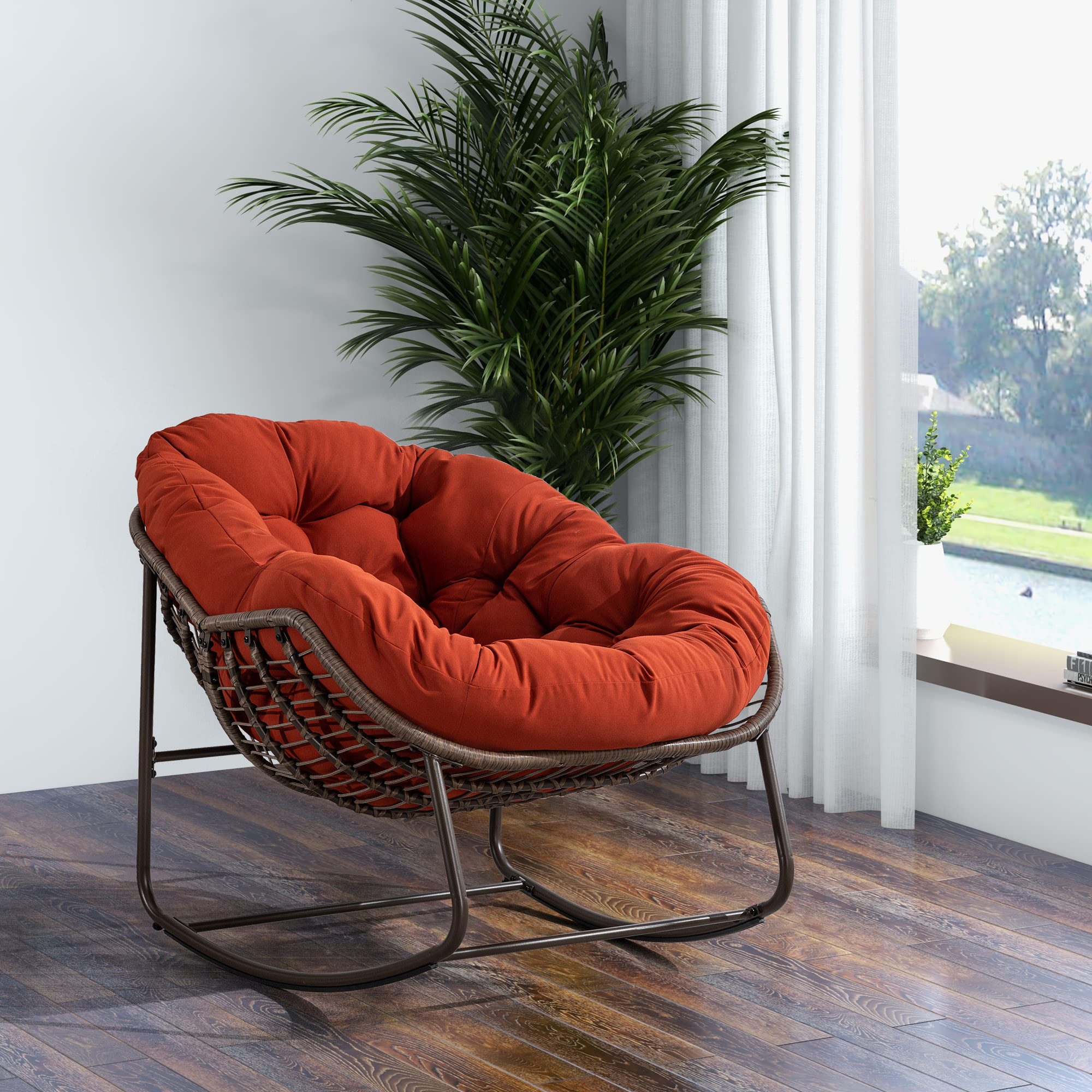 autolock Schaukelstuhl Outdoor-Schaukelstuhl aus Rattan – Handgeflochten, gepolstert, ergonomisch & wetterfest – für Garten, Terrasse & Wohnzimmer