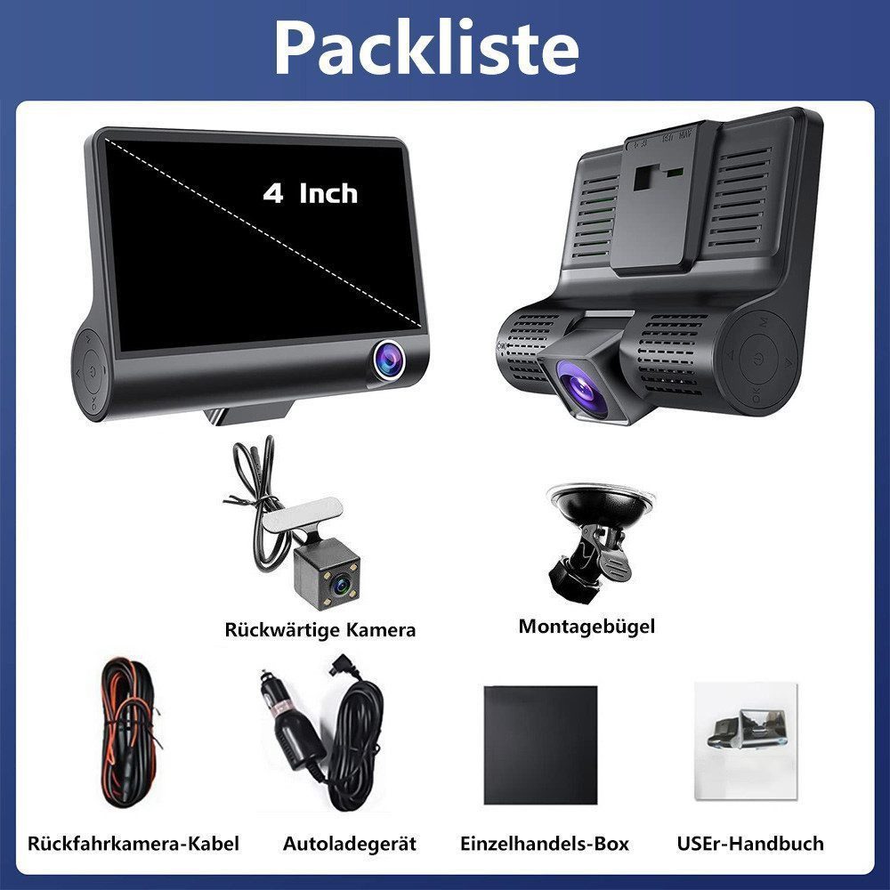 Hikity 4 Zoll 3-Wege-Auto-Kamera FullHD 1080P, 170° Weitwinkel Dashcam Dashcam (Abdichtung)