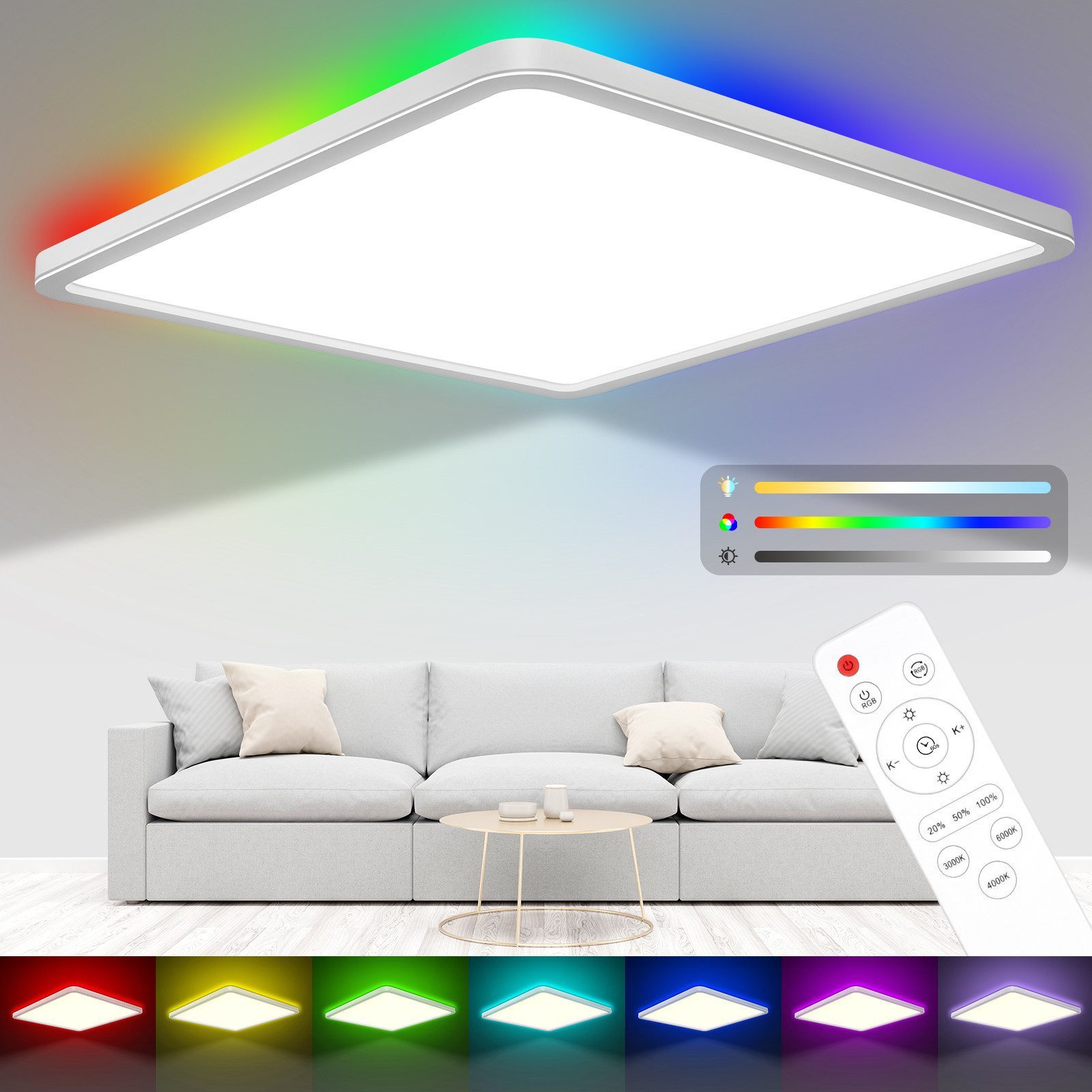 Ophy LED Deckenleuchte 24W LED Badezimmer-Deckenleuchte – RGB Farbwechsel, dimmbar 3000-6500K, 3200 lm, Fernbedienung (Deckenbeleuchtung)