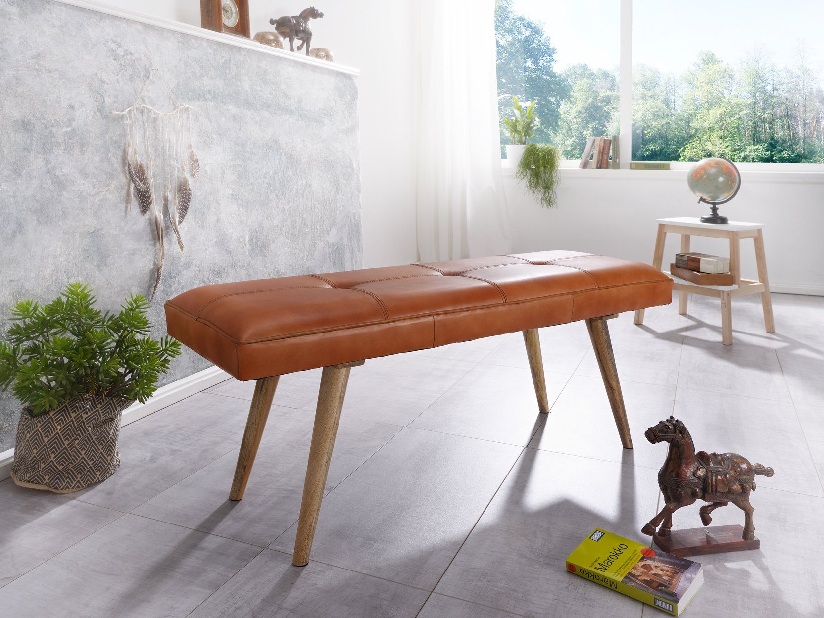 Wohnling Hockerbank Sitzbank Lederbank Holz Massiv Flurbank Esszimmerbank Polsterbank (Sitzbank Echtleder / Massivholz Bank 117x51x38 cm), 2er Polsterbank Flur, Lederbank Bettbank Klein