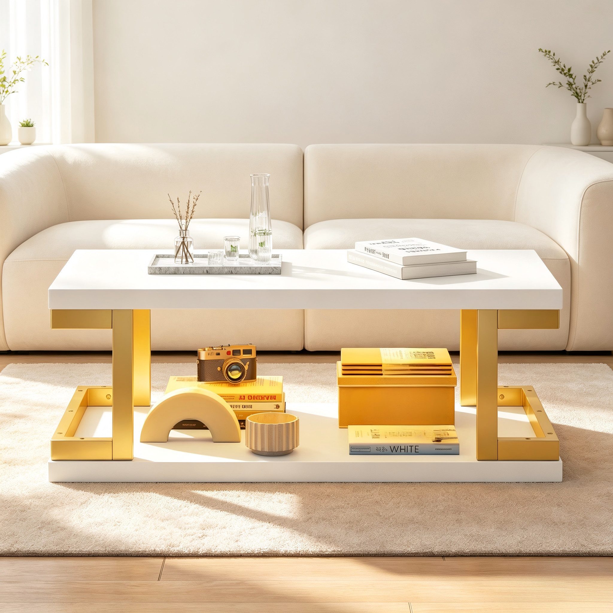 Merax Couchtisch mit LED-Beleuchtung, Rechteckiger Sofatisch in Weiß Gold (100×50×37,5cm, 1-St), Beistelltisch Wohnzimmertisch mit Ablagefläche aus MDF und Metall