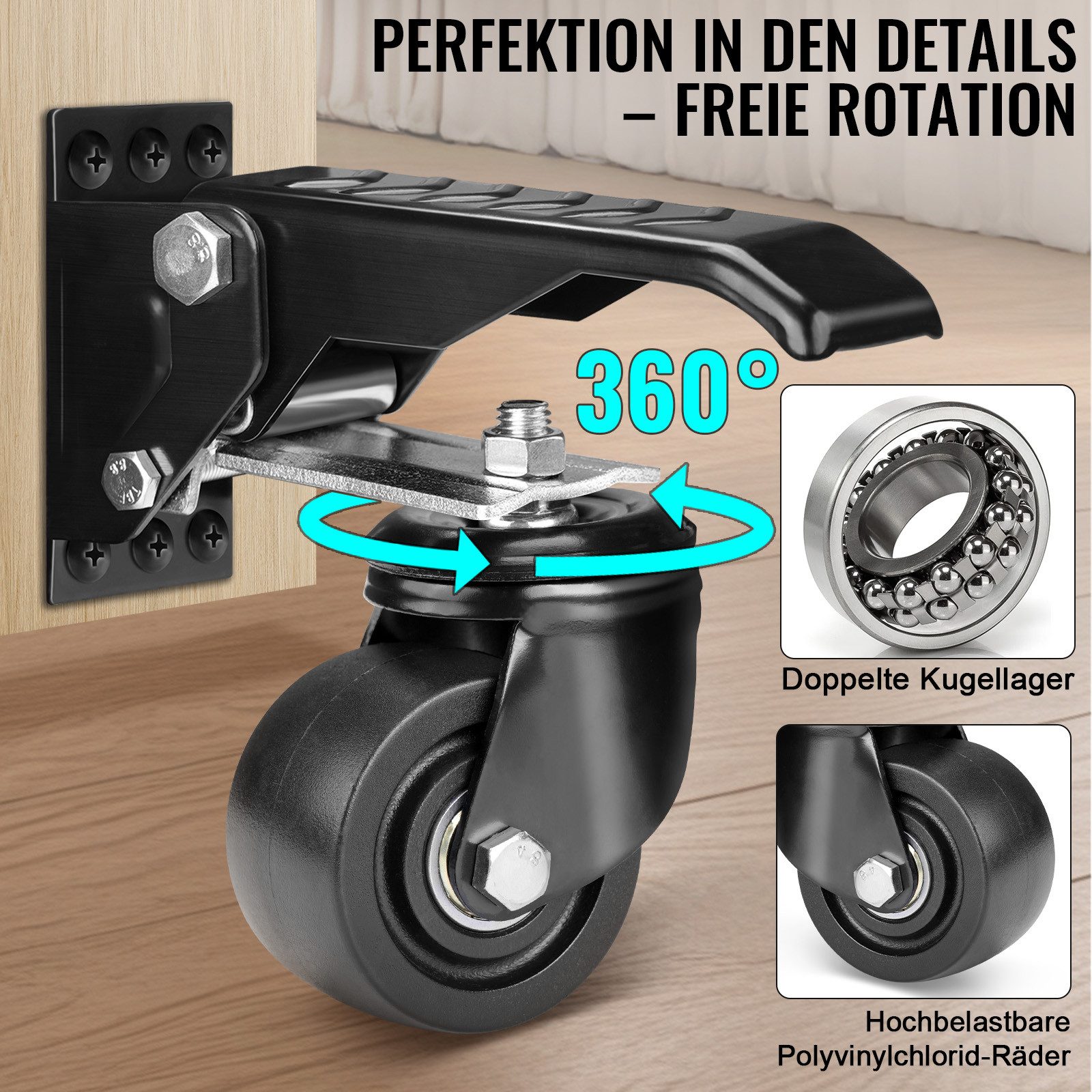 XERSEK Lenkrolle 4X 75mm Schwerlastrolle Transportrollen Absenkbar für Werkbank, (Absenkbar Lenkrollen Heberollen Industrierollen, bis 250 kg, für Werkbänke oder andere Geräte, Schwarz)