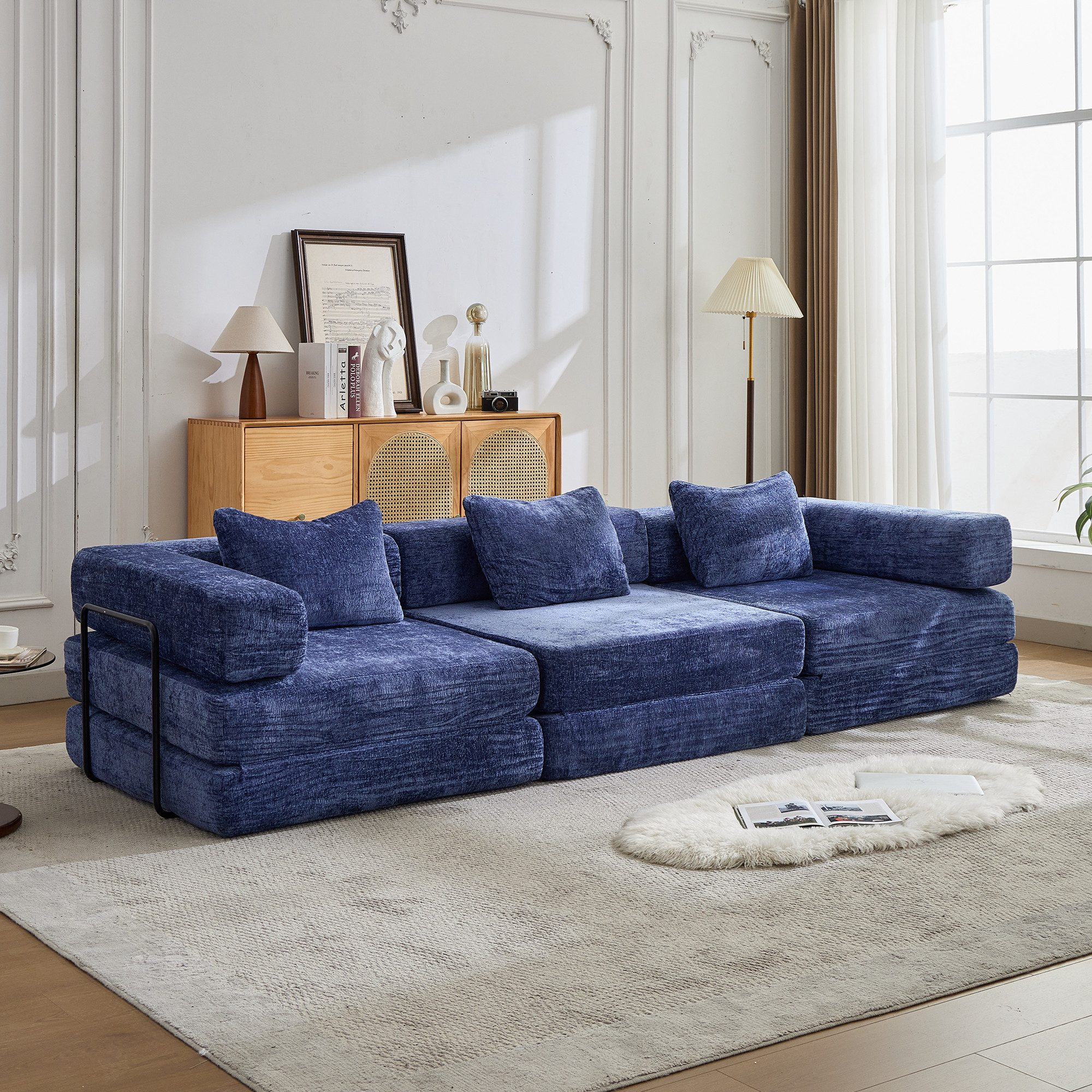 Vankel Sofa Sofas Wohnzimmer, 3-Sitzer Sofa mit Schlaffunktion Chenille, Modulares Schlafsofa, faltbar, komfortabel und ohne Montage