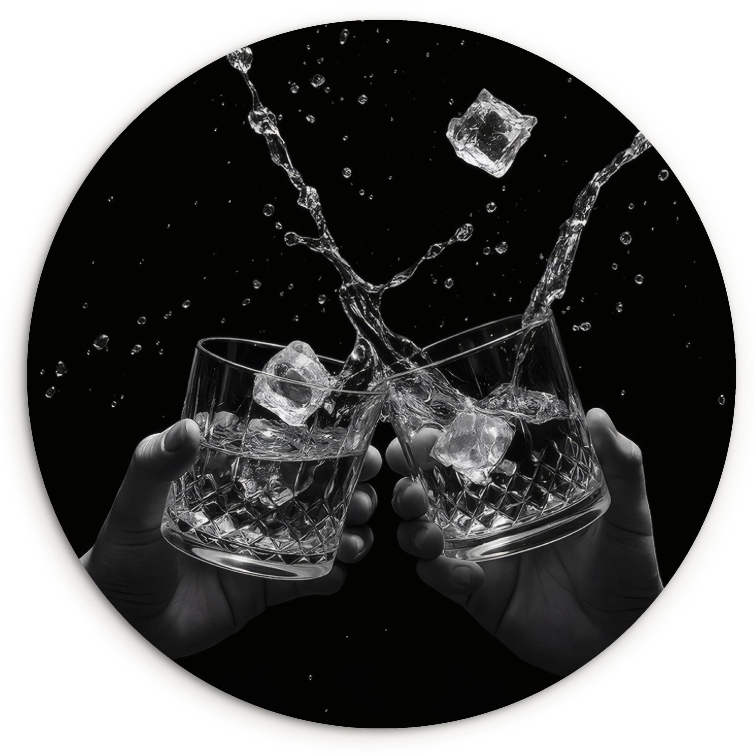 MuchoWow Gemälde Whiskygläser - Eis - Spritzer - Schwarz, Fotodruck (1 St), Kreis Wanddekoration, Rundes Wandbild, 30x30 cm