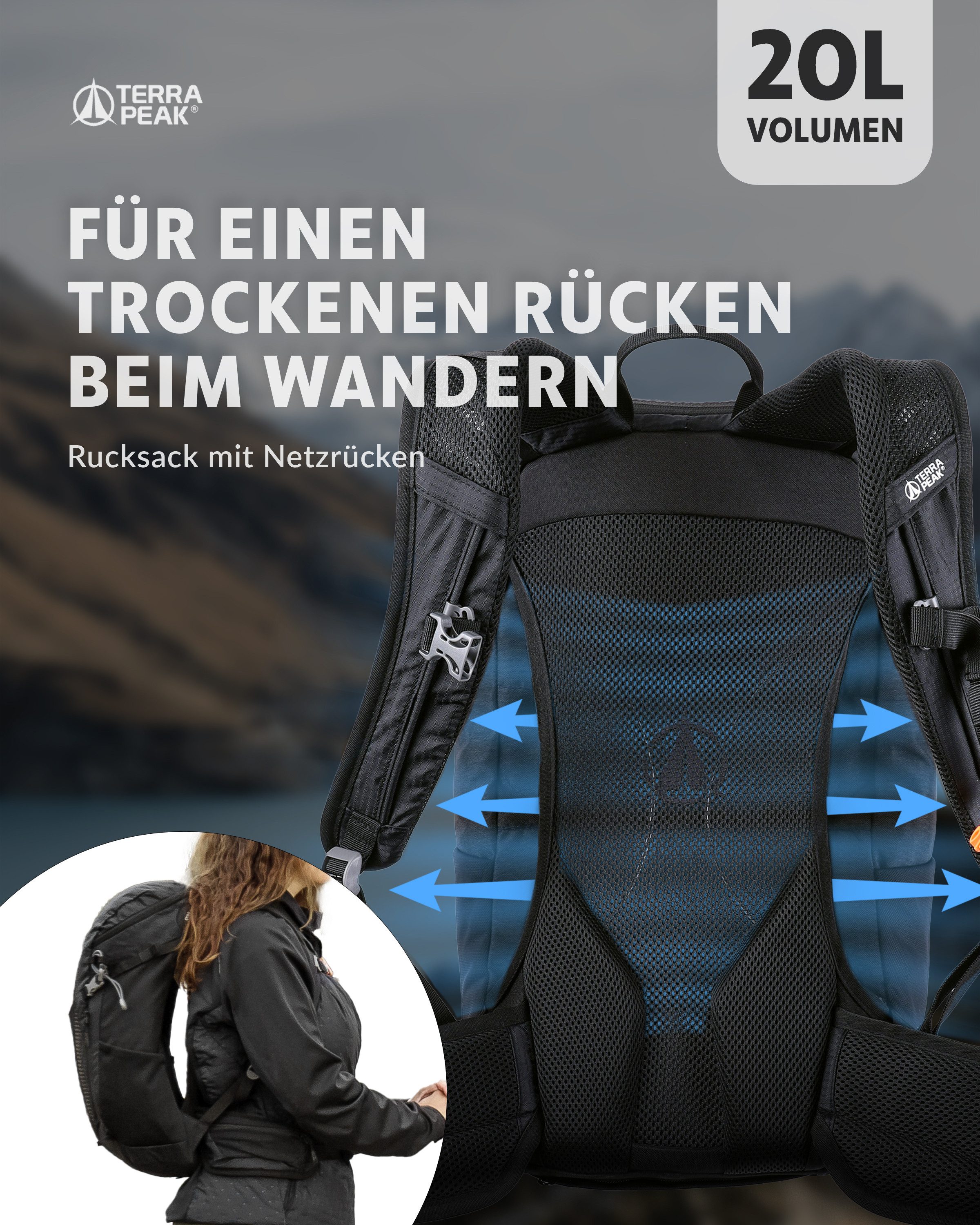 Terra Peak Wanderrucksack Airant 20, Rucksack klein mit belüftetem Netzrücken 20 Liter