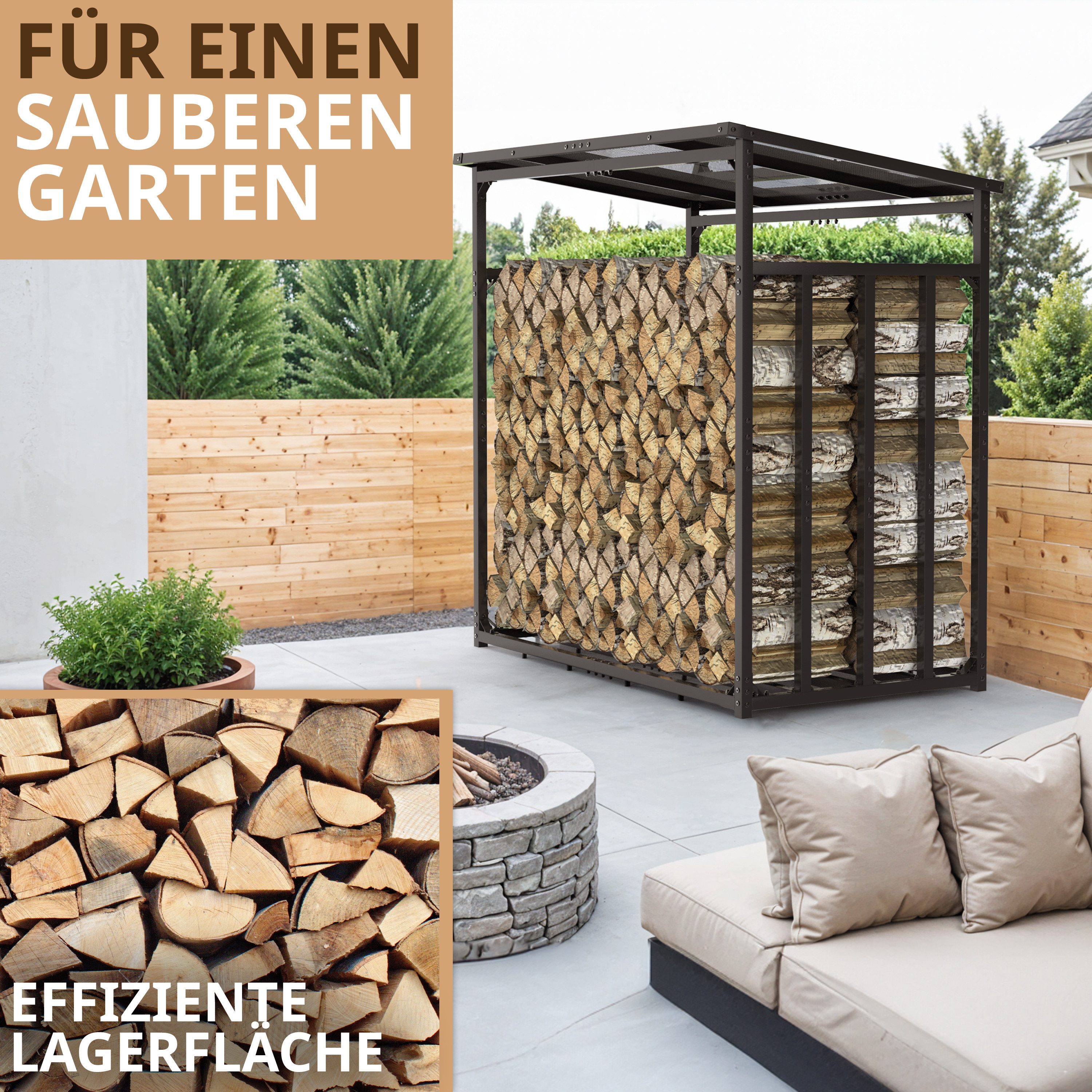 LAWA Living and Lifestyle Kaminholzregal Metall 1m tief mit Dach Garten Brennholz Unterstand Aussenbereich, BxTxH:185.00x105.00x185.00 cm, verzinkt, mit Stellfüße, wetterfest