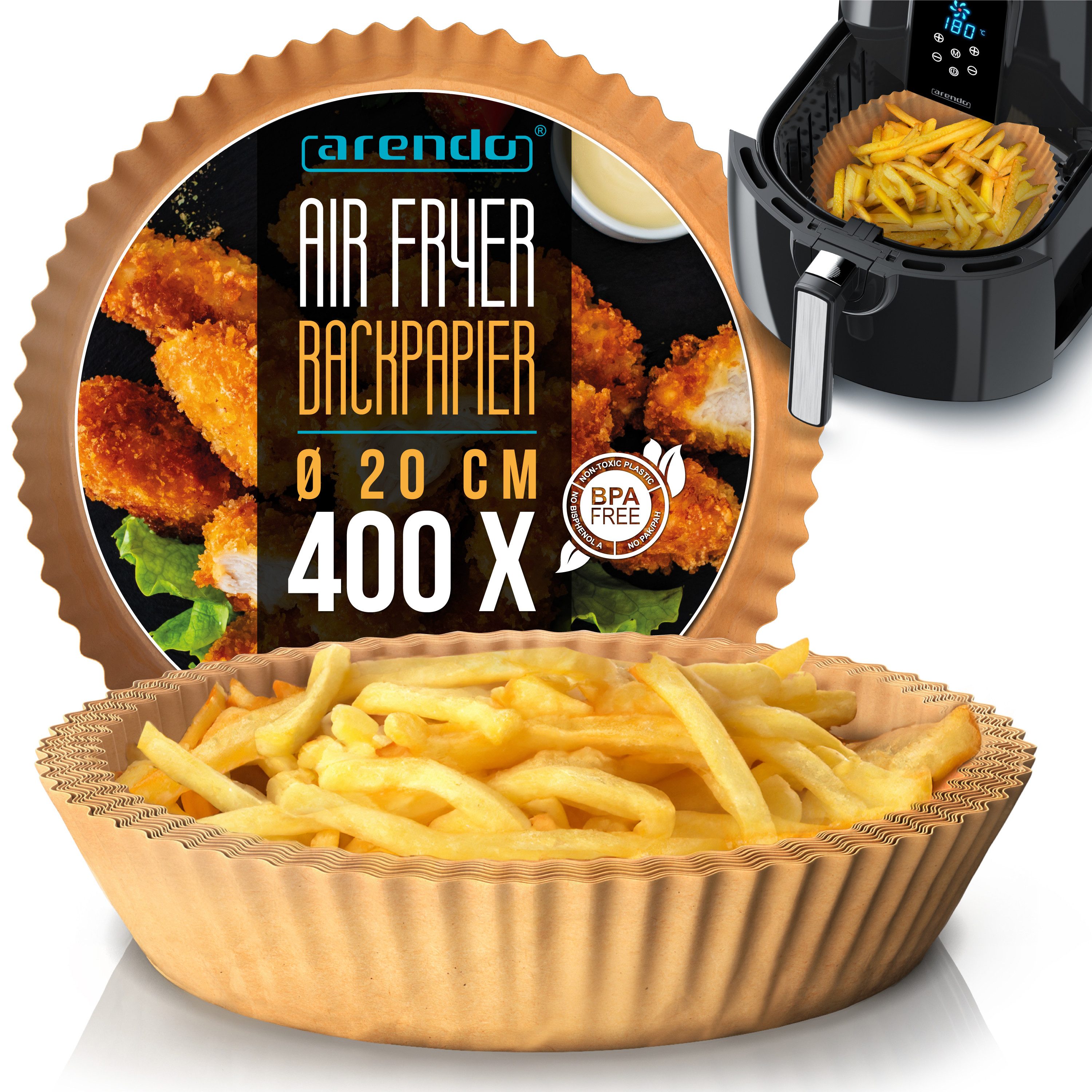 Arendo Backpapier rund für Heißluftfritteuse 4,7 - 7,5 L, 400 St., 20 x 4,5 cm, Antihaft, ungebleicht, wasser & ölbeständig, Airfryer Zubehör, Ofen, Mikrowelle