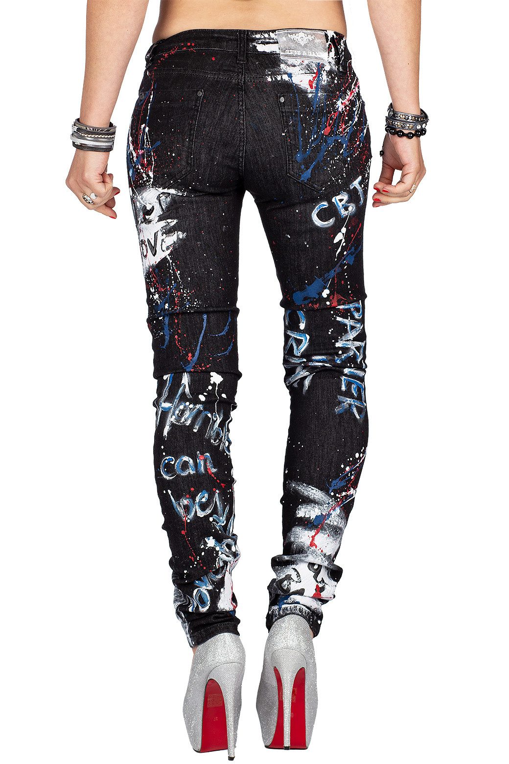 Cipo & Baxx Slim-fit-Jeans Damen Slim Fit Hose BA-WD389 mit Schriftzügen und Farbakzenten