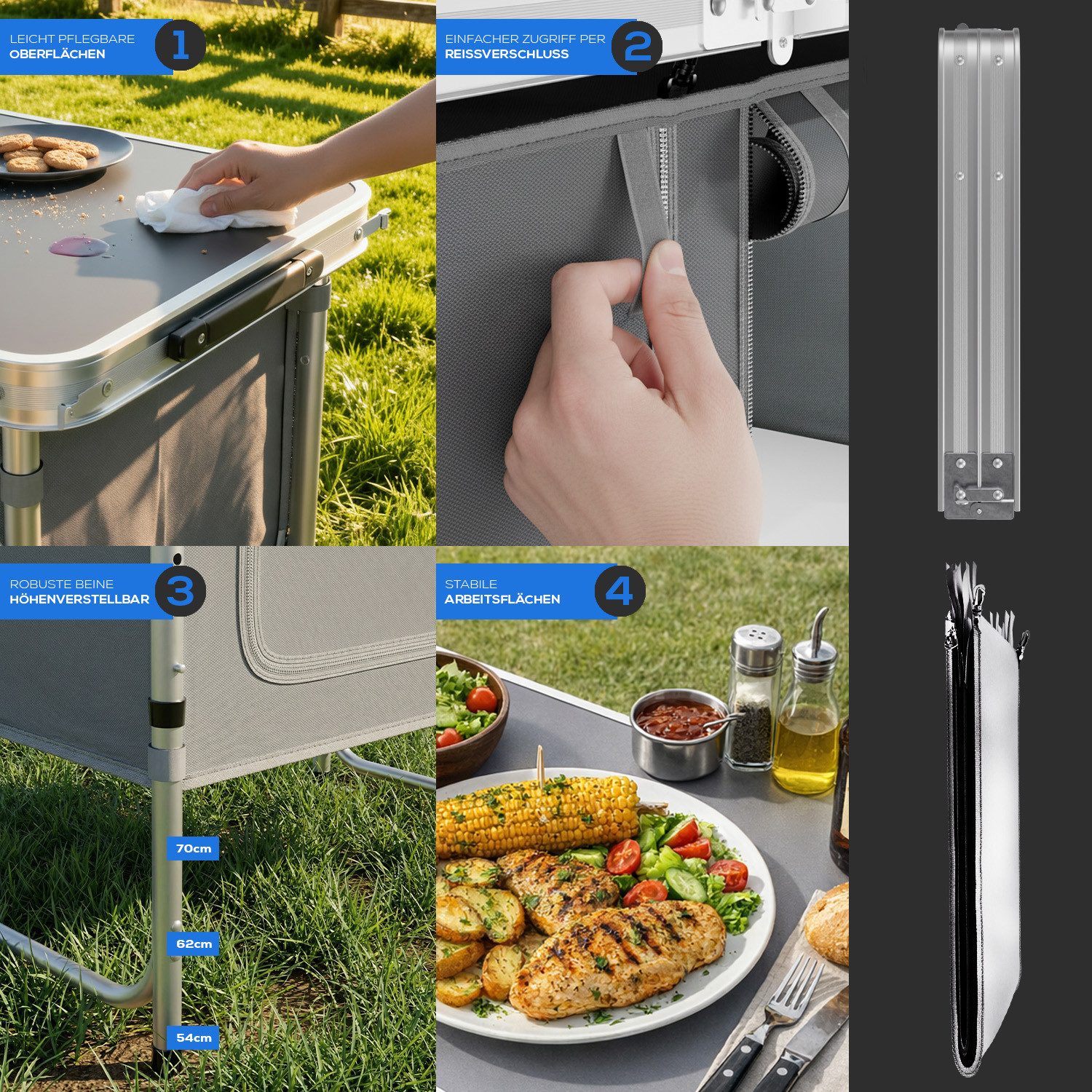 24Move Campingschrank Campingküche PRAIA Outdoorküche Alu (faltbar, höhenverstellbar, Outdoorküche) mit Arbeitsplatte und Staufächern