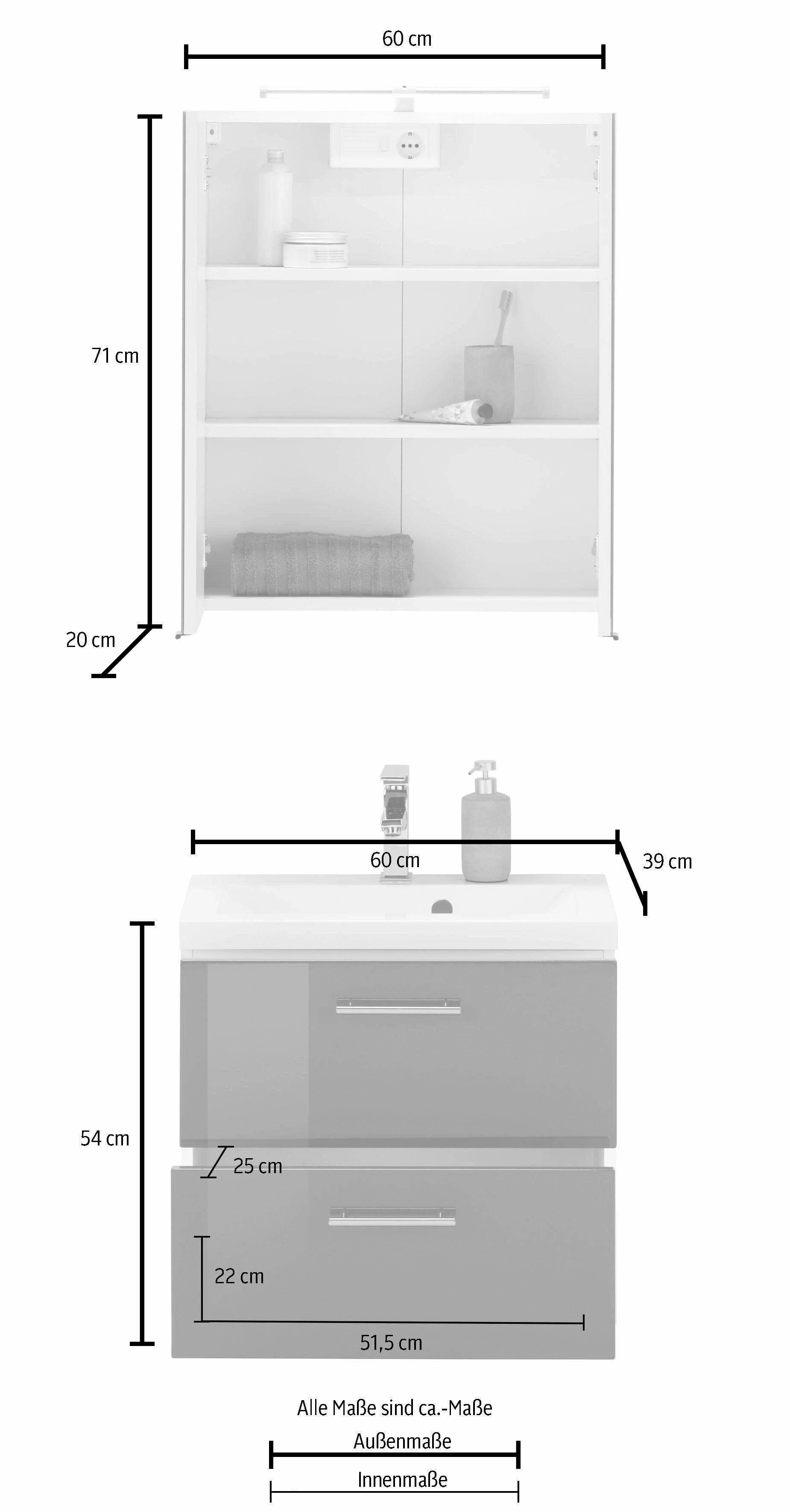 HELD MÖBEL (2-St), und Badmöbel-Set Spiegelschrank Waschplatz Venedig, weiß/grau