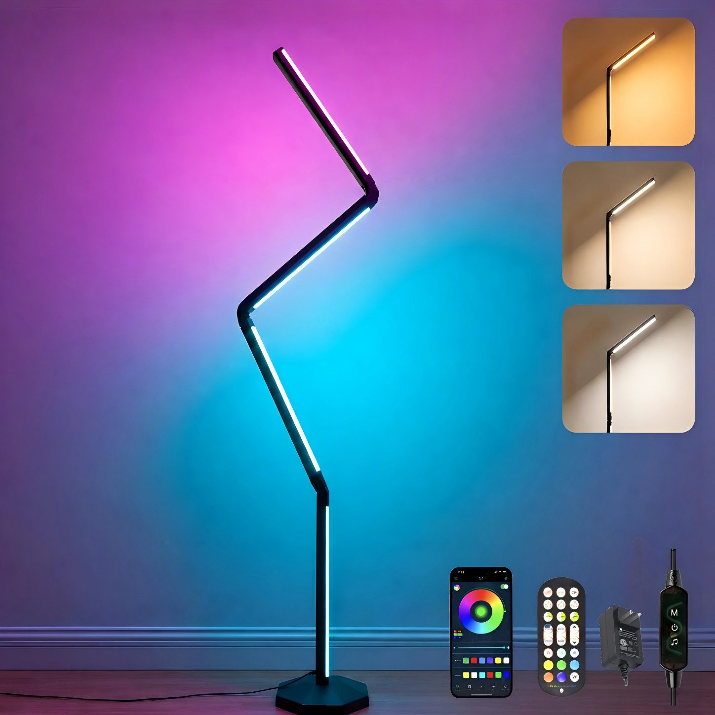 Toomoke LED Stehlampe LED Stehlampe,RGBICWW Stehlampe,Musiksynchronisation,DIY-Modus,Faltbar, WeiBes Licht, Warmes Licht, Naturliches Licht, RGB, für Wohnzimmer,Schlafzimmer,Party,Spiel,Lesen