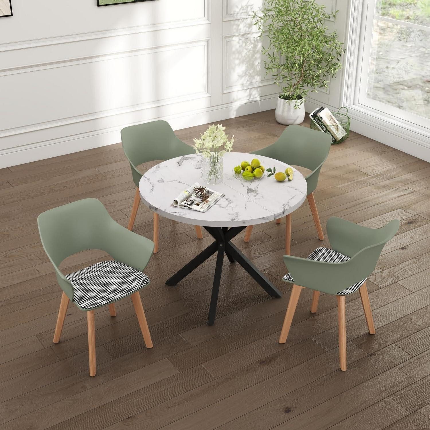 LuxusKollektion Esstisch Esstisch Stuhlset runder 100x100 4 gepolsterte Marmor-bk Grün (1-St)