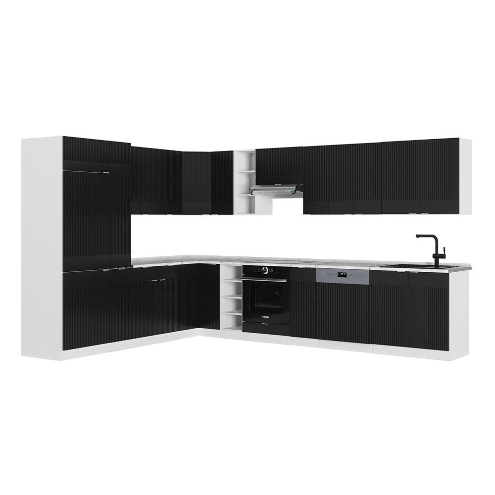 Vicco Winkelküche Fame-Line, Schwarz gestreift/Weiß, 347 x 257 cm, AP Marmor