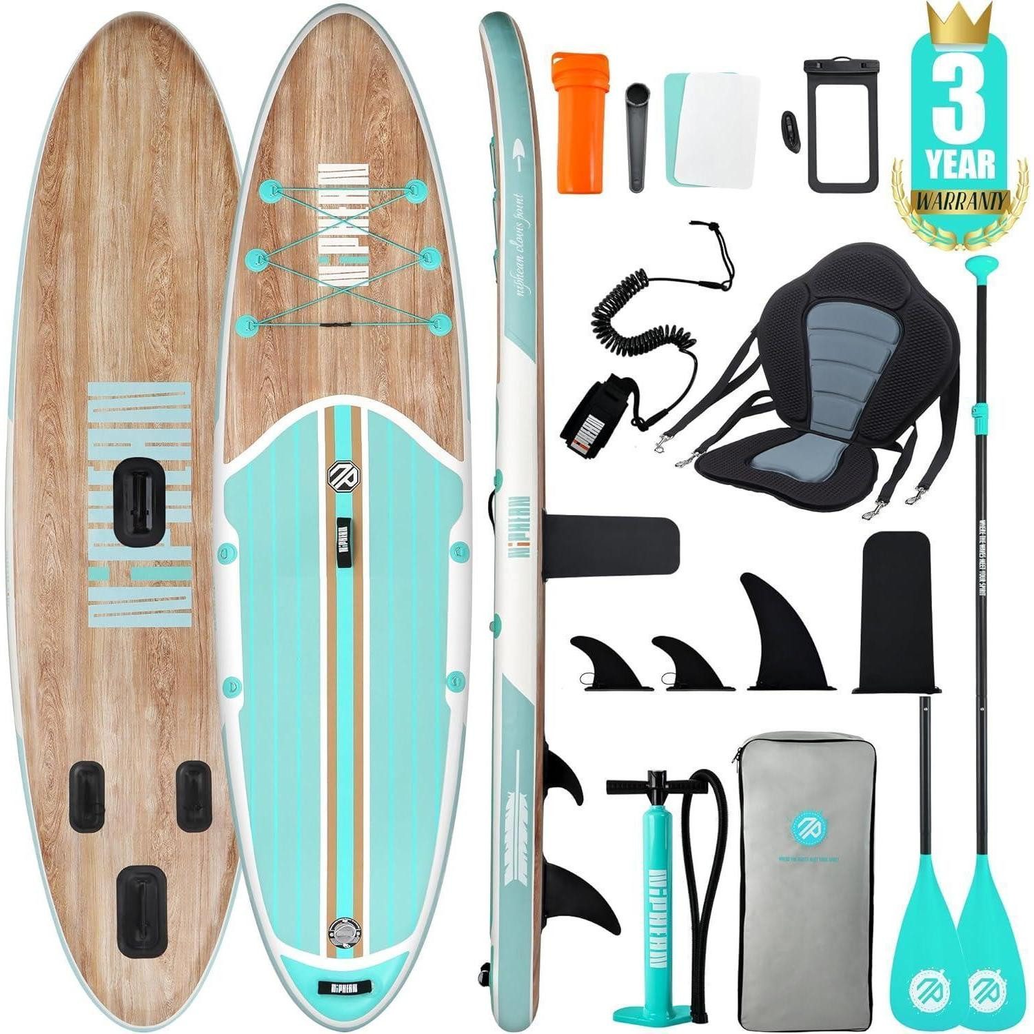 LuxusKollektion Inflatable SUP-Board Paddleboard 320cm 200kg 2 Cool Mint Wood mit dem Balanceflügel