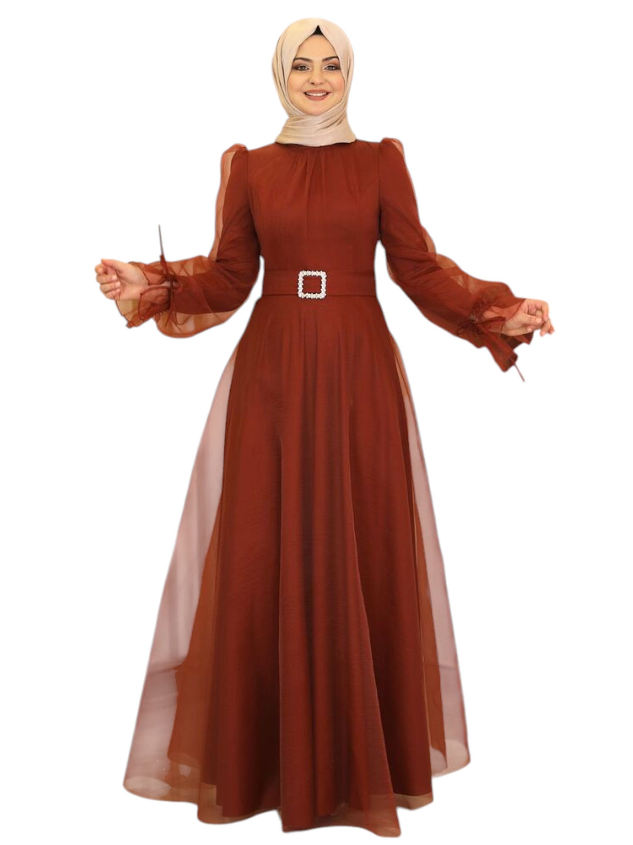 Modavitrini Abendkleid Damen Tüll Maxikleid Langarm – Festkleid mit Gürtel Modest Fashion Gürtel mit Schmucksteinen