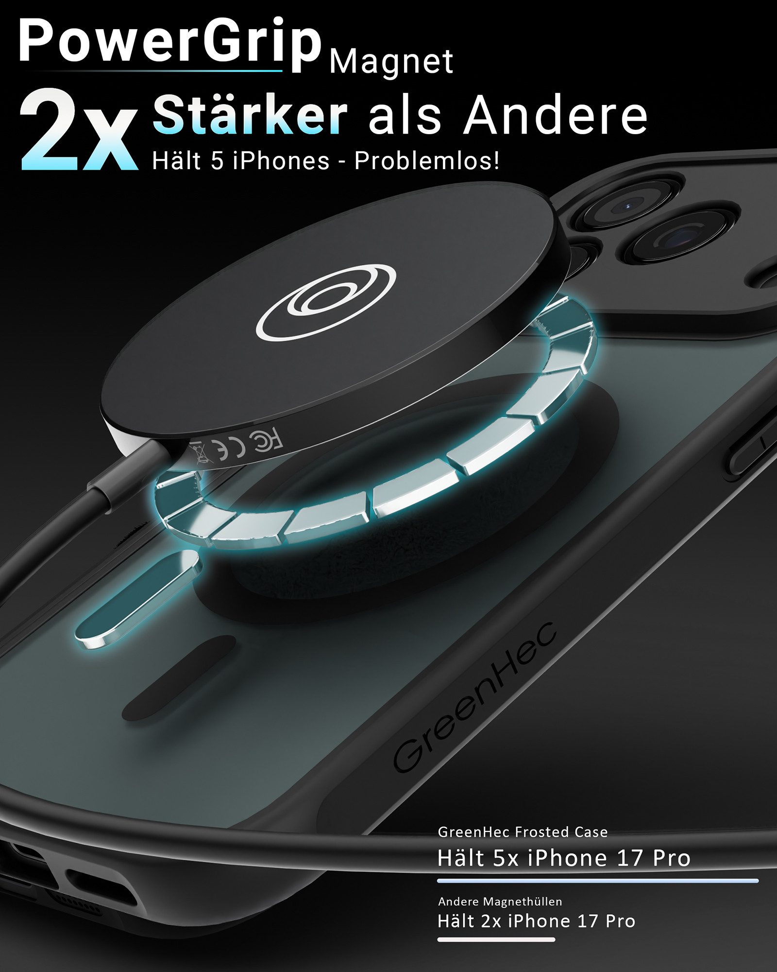 GreenHec Handyhülle Hülle + 2x Schutzglas iPhone 18 17 16 15 14 13 Pro Max MagSafe 9H Set 7 Zoll, Panzerfolie Handy Displayschutzglas Sichtschutz Stoßfest Trans – Bild 4 von 5