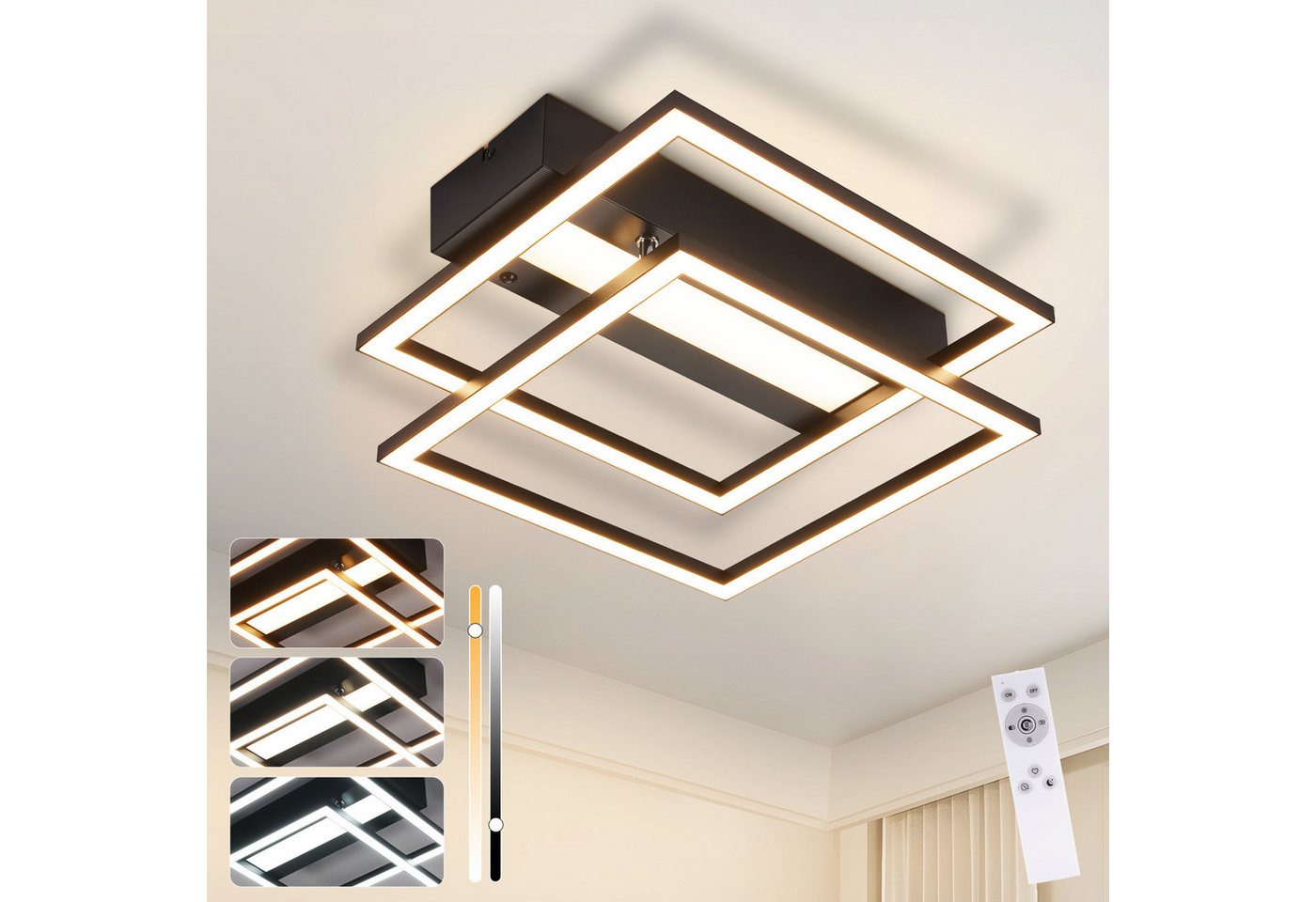 ZMH LED Deckenleuchte Schwarzes Quadrat, beidseitig, dimmbar und farblich anpassbar, LED fest integriert, 42W LED 0%-100% dimmbar mit Timer für Schlafzimmer & Wohnzimmer