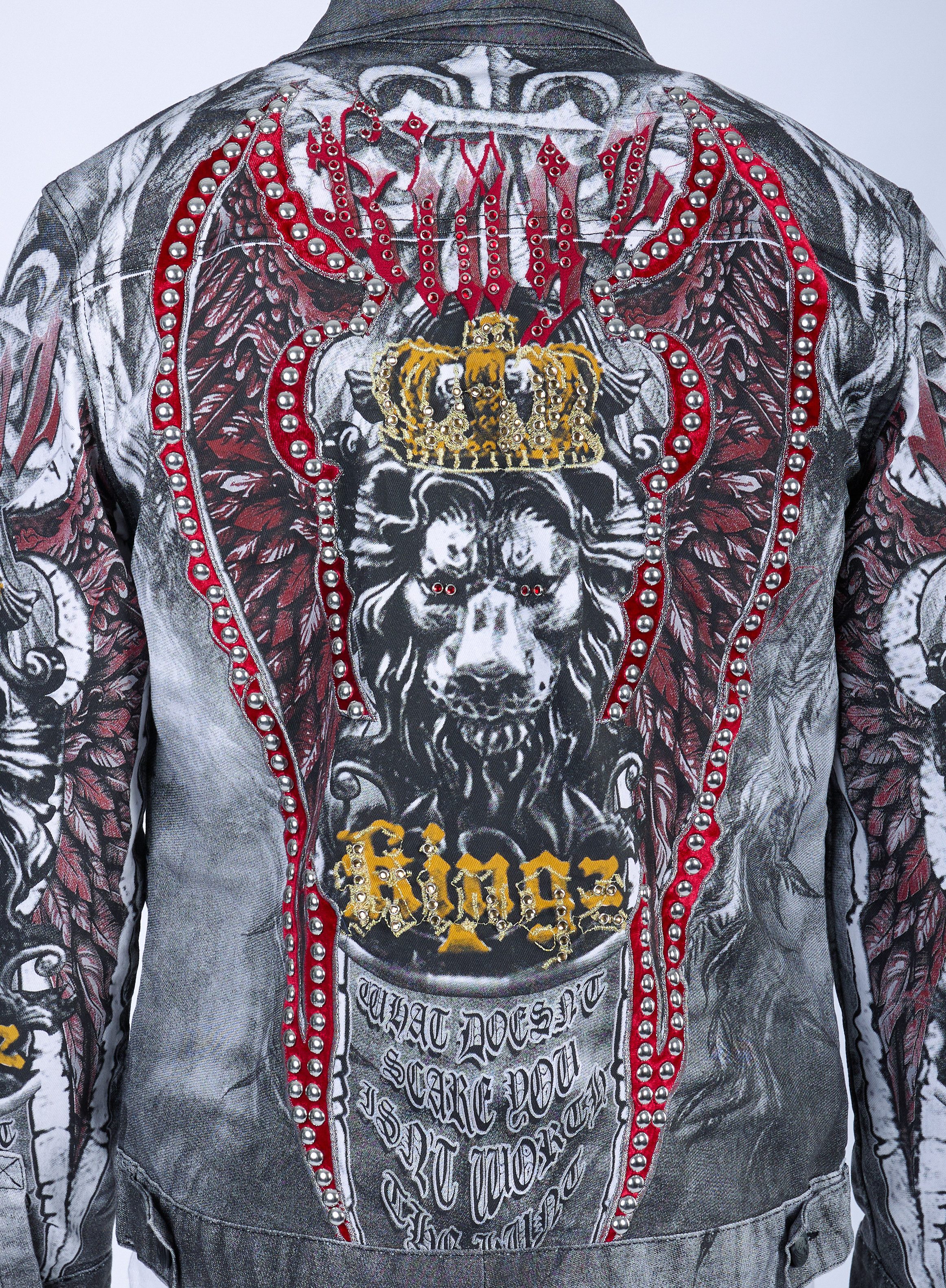 KINGZ Jeansjacke Designer Nieten Jeansjacke mit All-Over Print Weiß M
