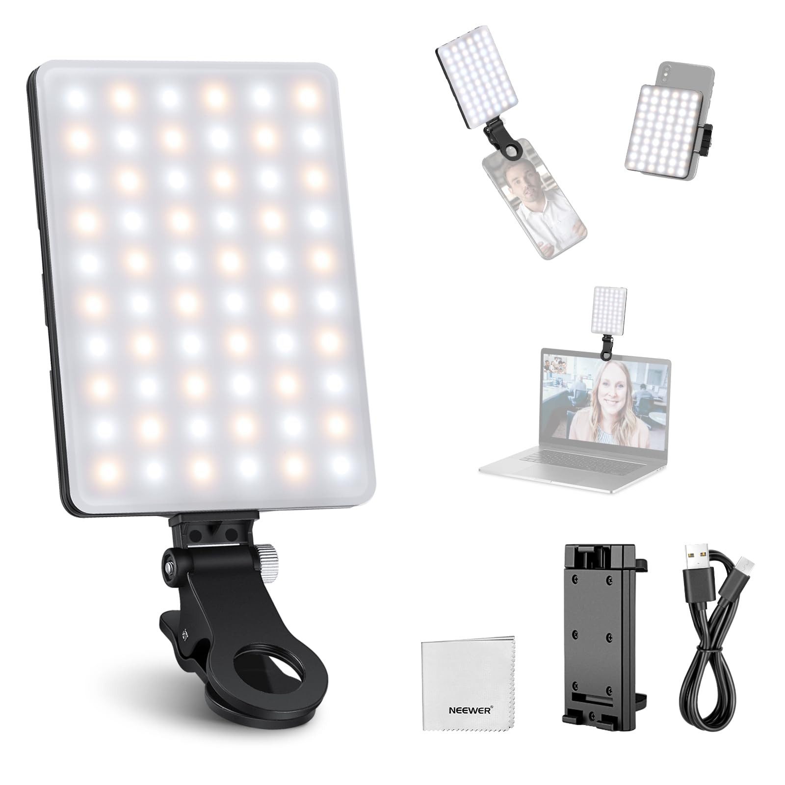 Neewer Videoleuchte NL-60AI Clip LED Selfie Light für iPhone, 2000mAh, für Webcam & Laptop, passt an Smartphones,Tablets oder PCs