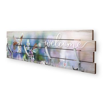 Kreative Feder Wandgarderobe Wandgarderobe "Butterfly" aus Holz, im Shabby-Chic-Design farbig bedruckt ca. 30x100cm 4 Doppel-Haken
